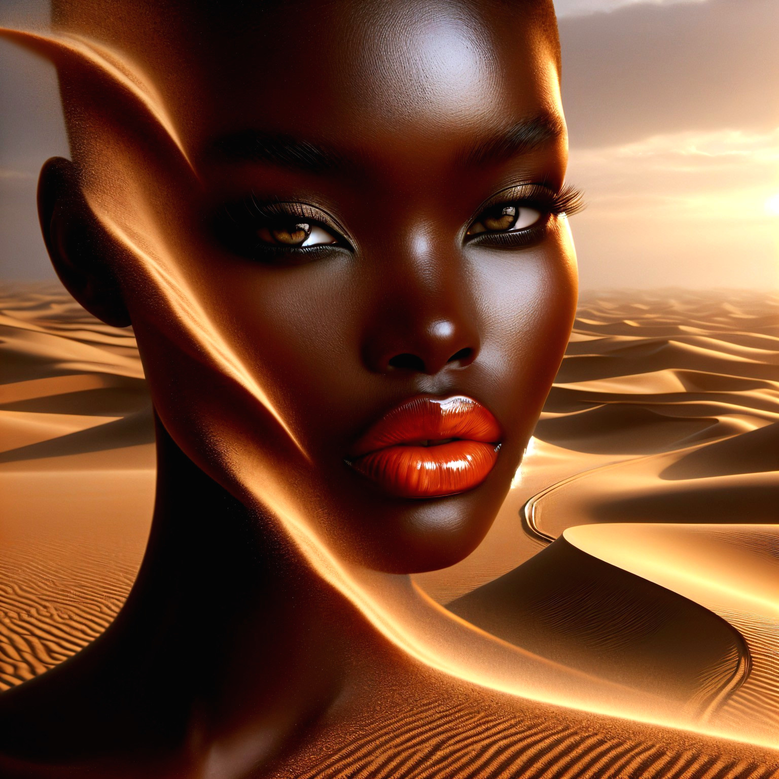 Close-up of person with rich skin in desert landscape