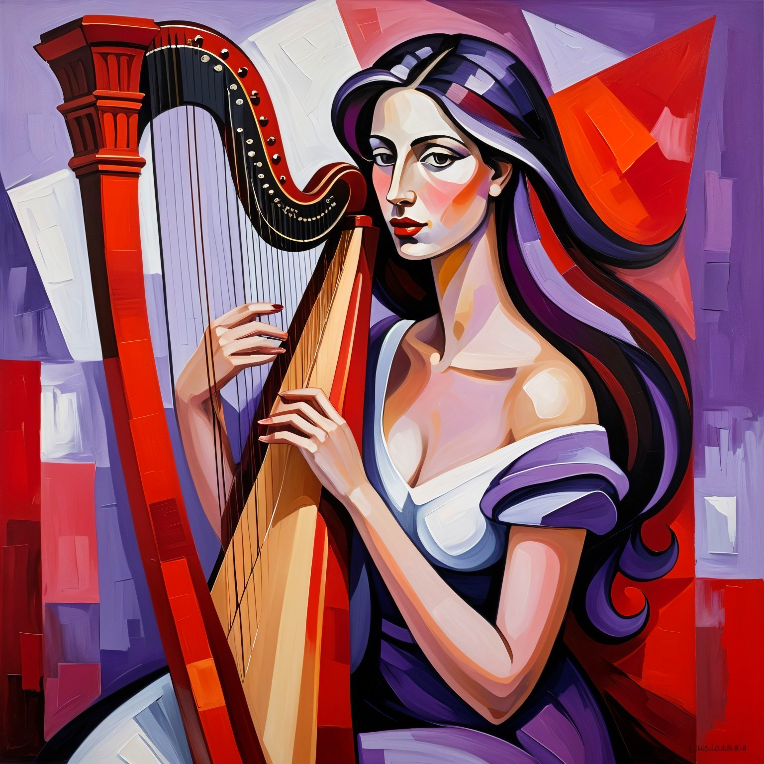 Expressive Painting of Woman Playing Harp with Emotion