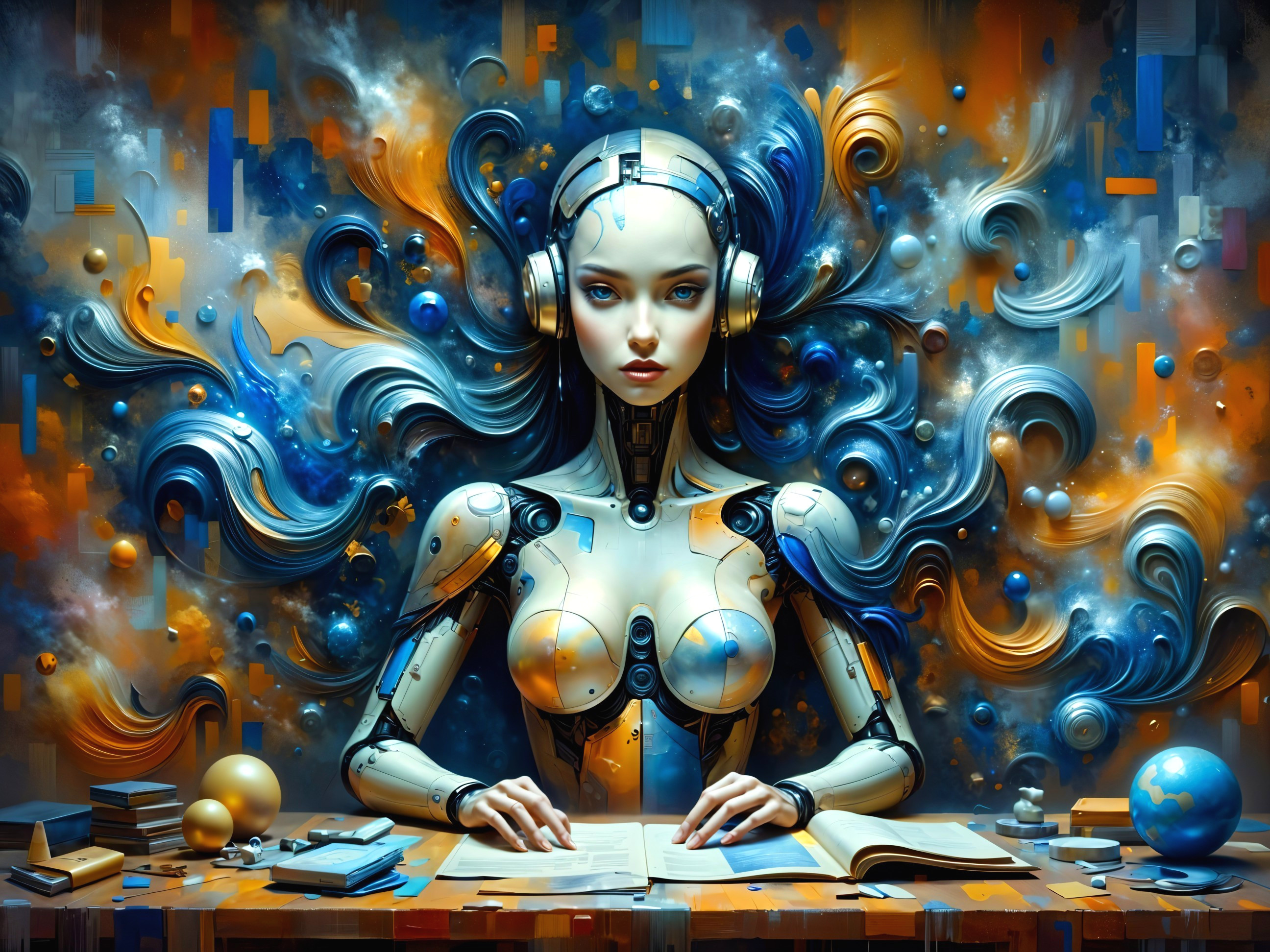 Futuristic humanoid robot reading in vibrant setting