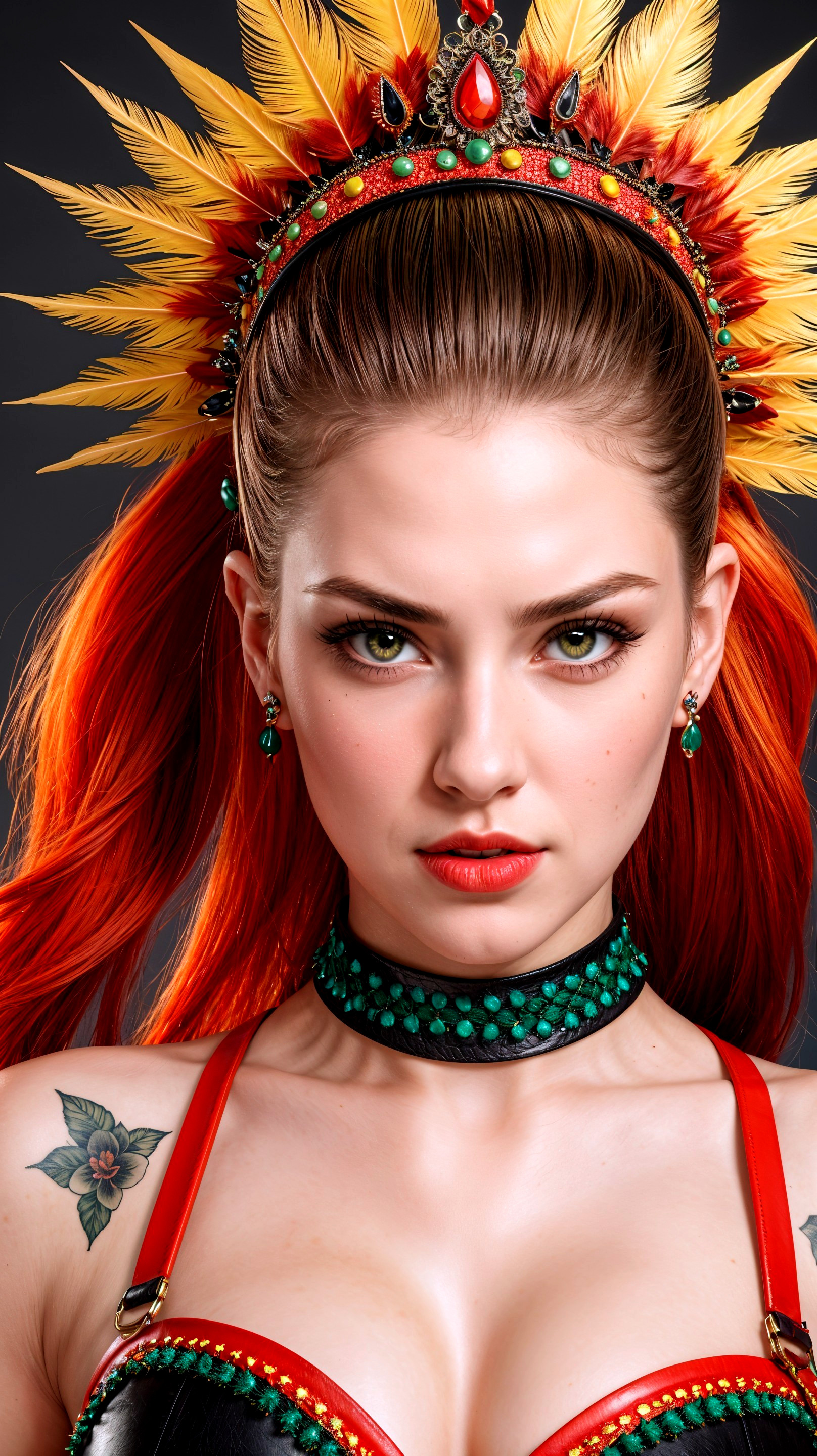 Young woman with red hair and elaborate headdress