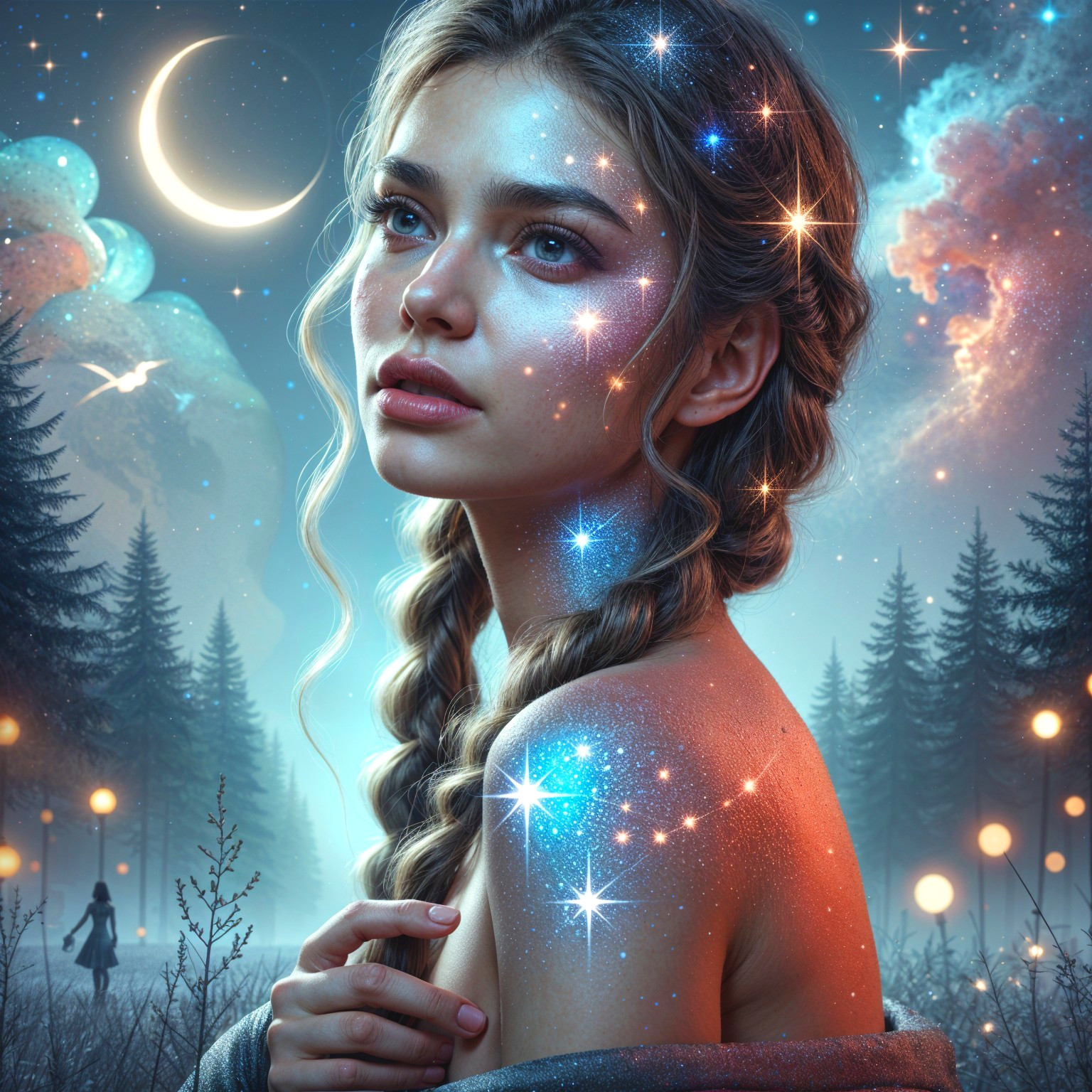 Young woman with cosmic patterns in dreamy landscape