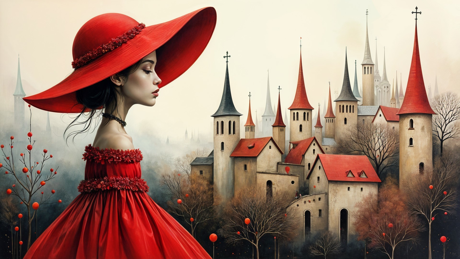 Young Woman in Red Dress in Medieval Village Setting