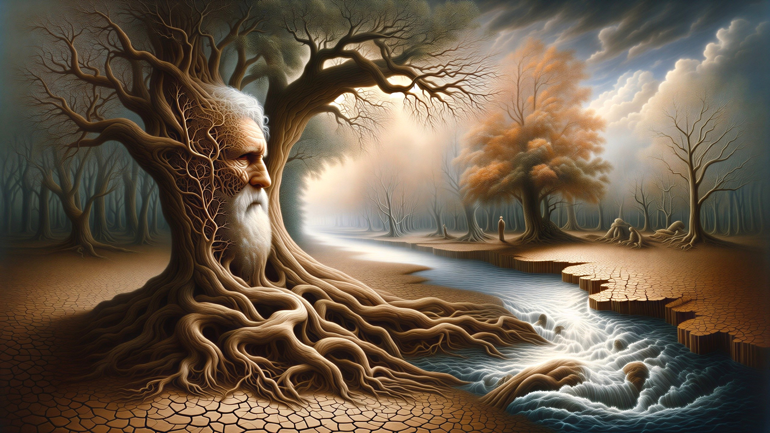 Surreal Landscape with Ancient Figure and Nature Elements