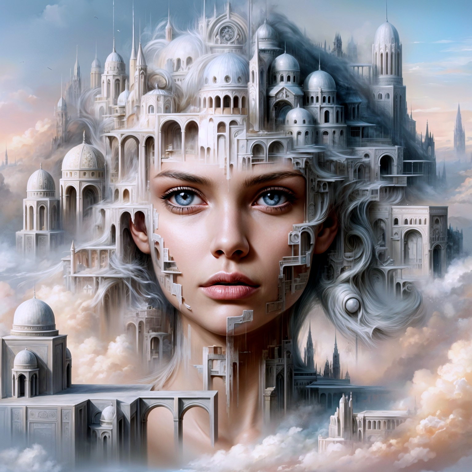 Surreal Portrait of a Woman Merging with Cityscape