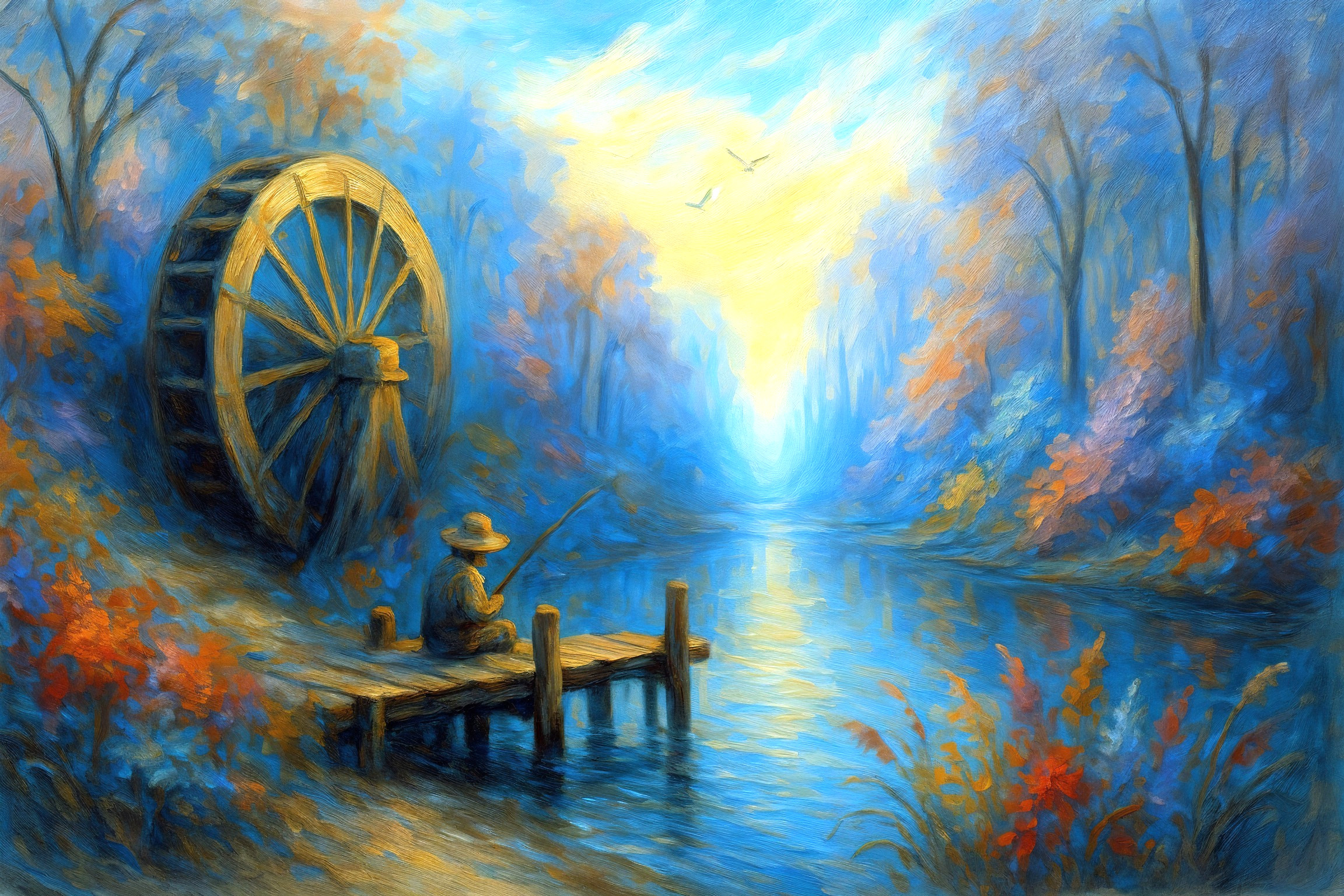 Serene River Landscape with Fishing Dock and Water Wheel