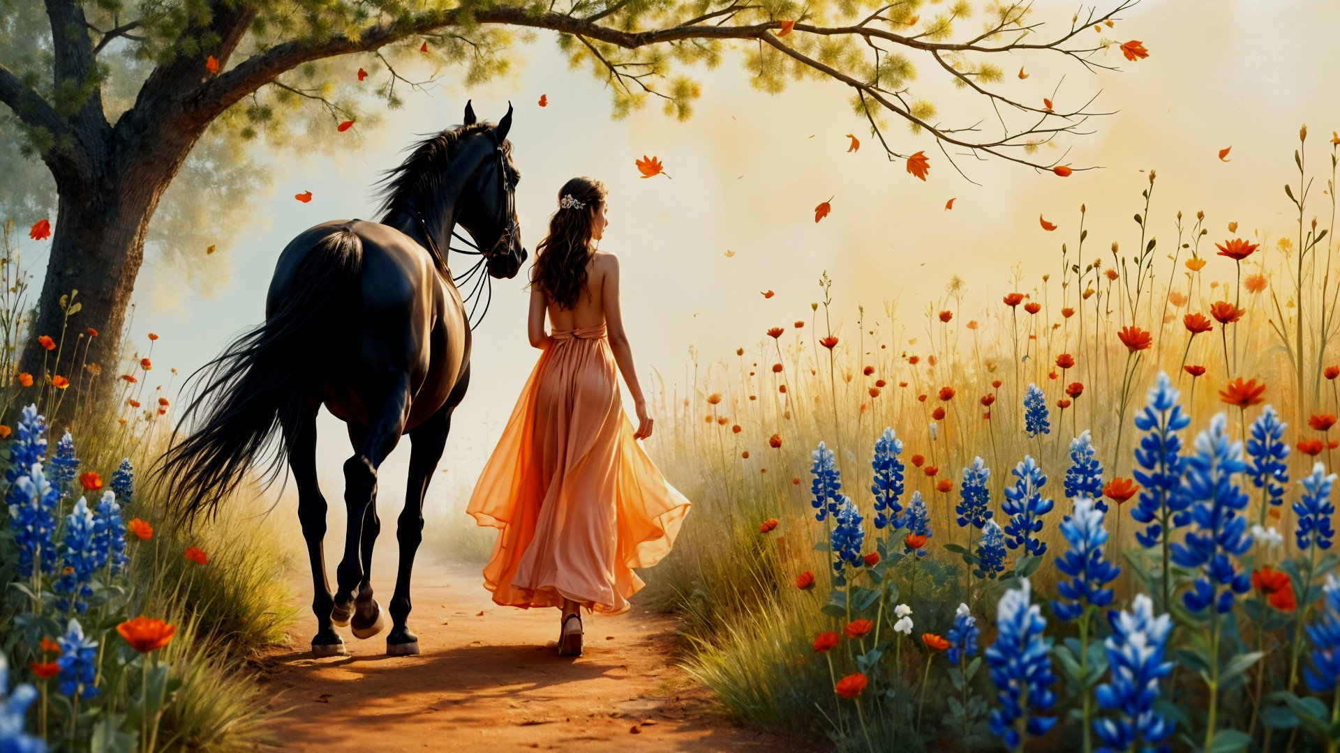 Serene Pathway with Wildflowers and Majestic Horse