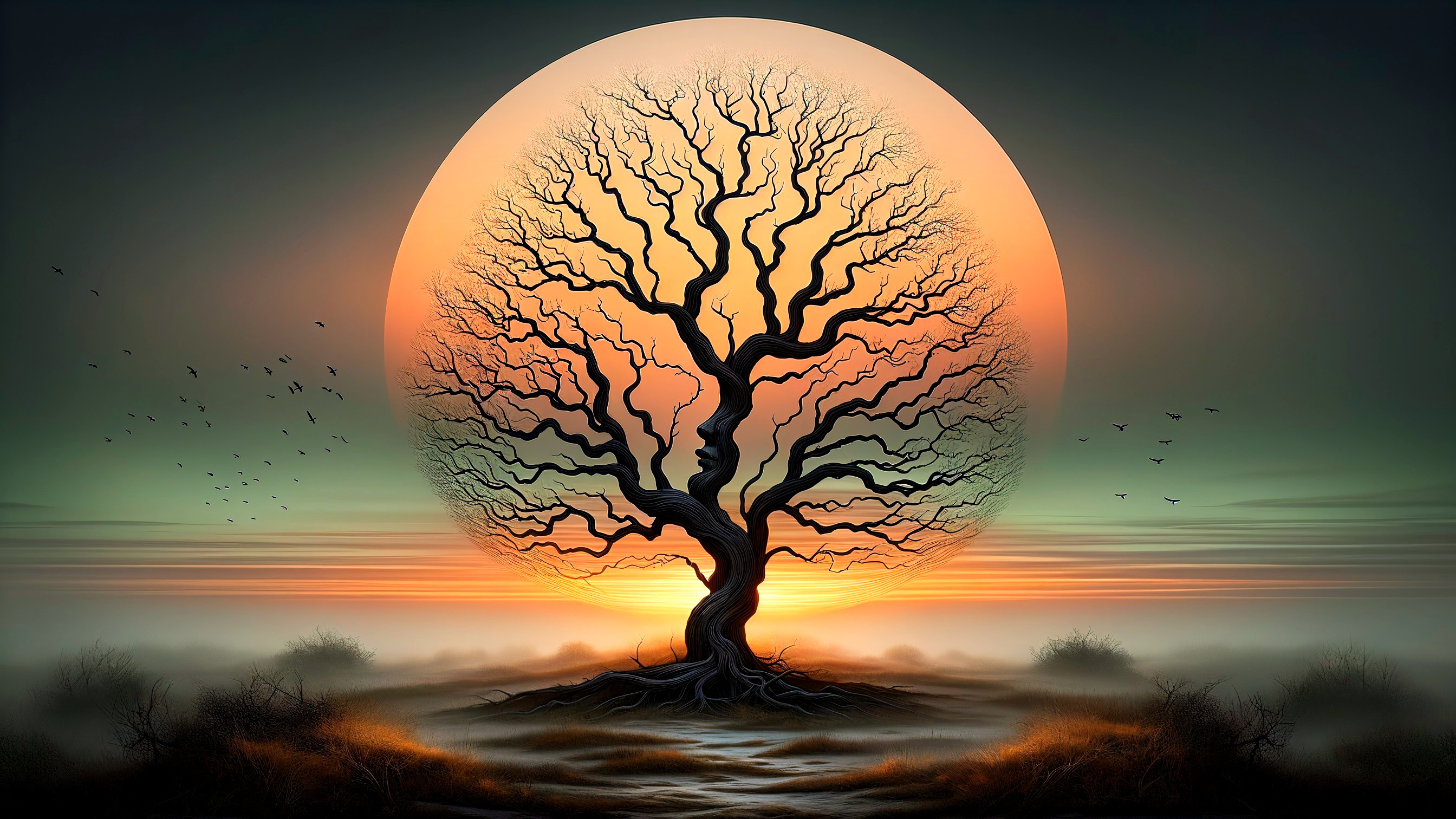 Solitary Tree Silhouetted by Vibrant Sunset Scene