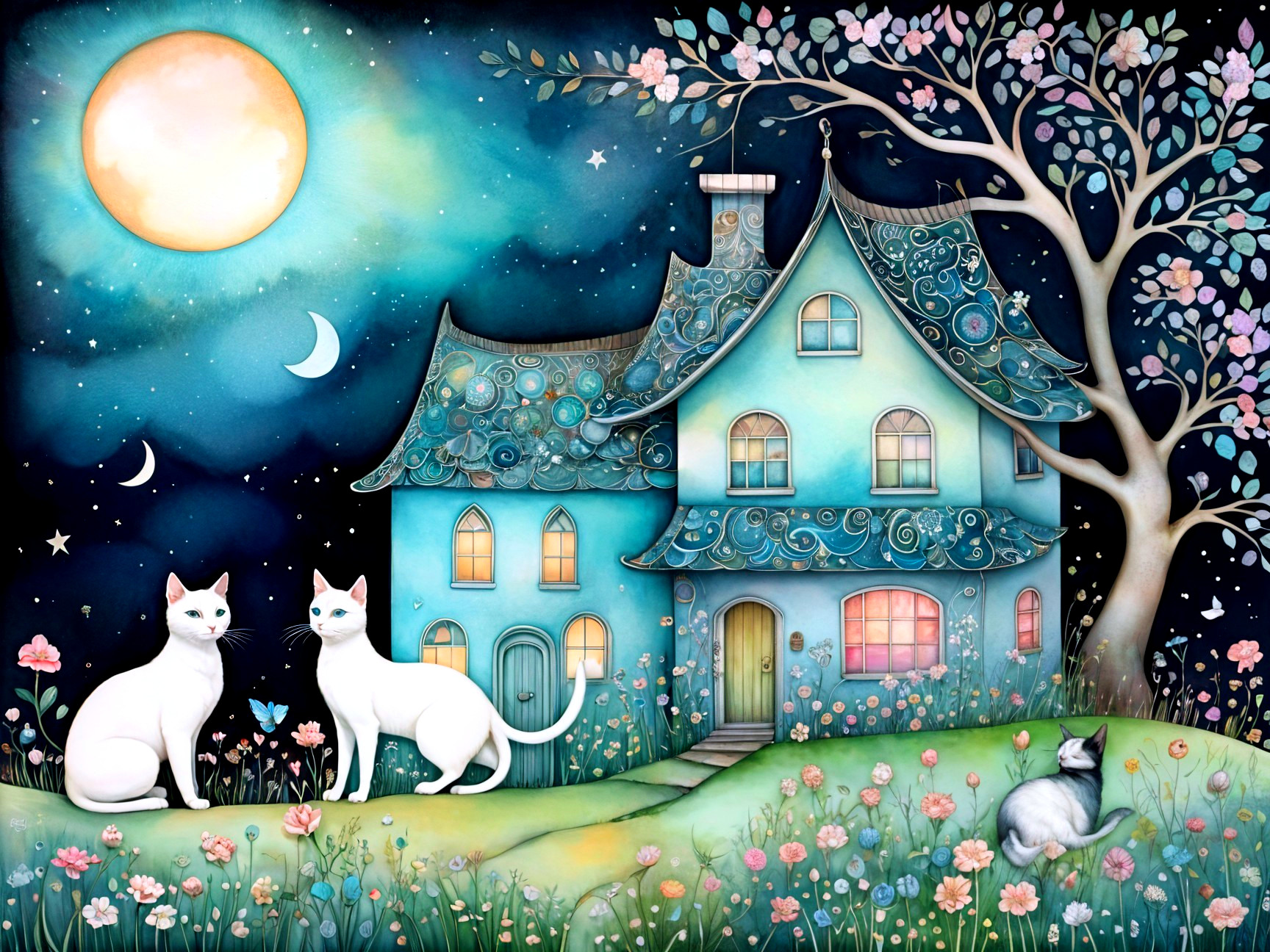 Whimsical Nighttime Landscape with Cats and Blue House