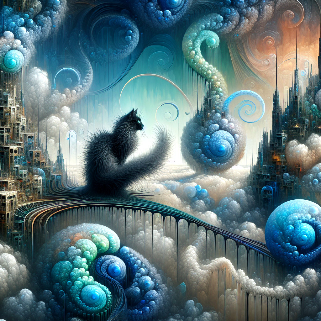 Surreal Landscape with Cat on Winding Bridge