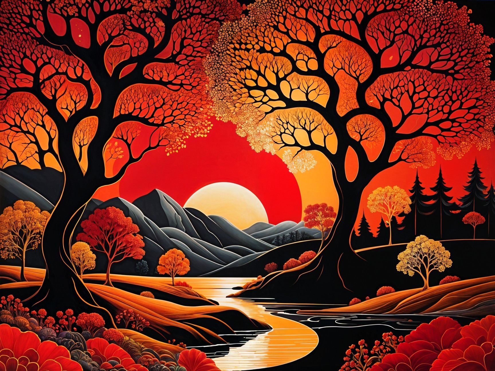 Autumn Landscape with Trees and Serene River Scene