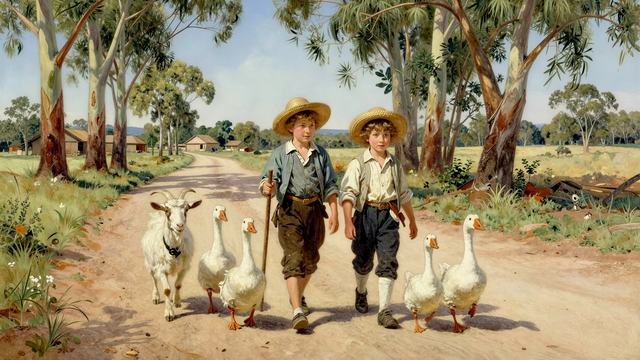 Boys Walking with Goat and Geese on Dirt Road