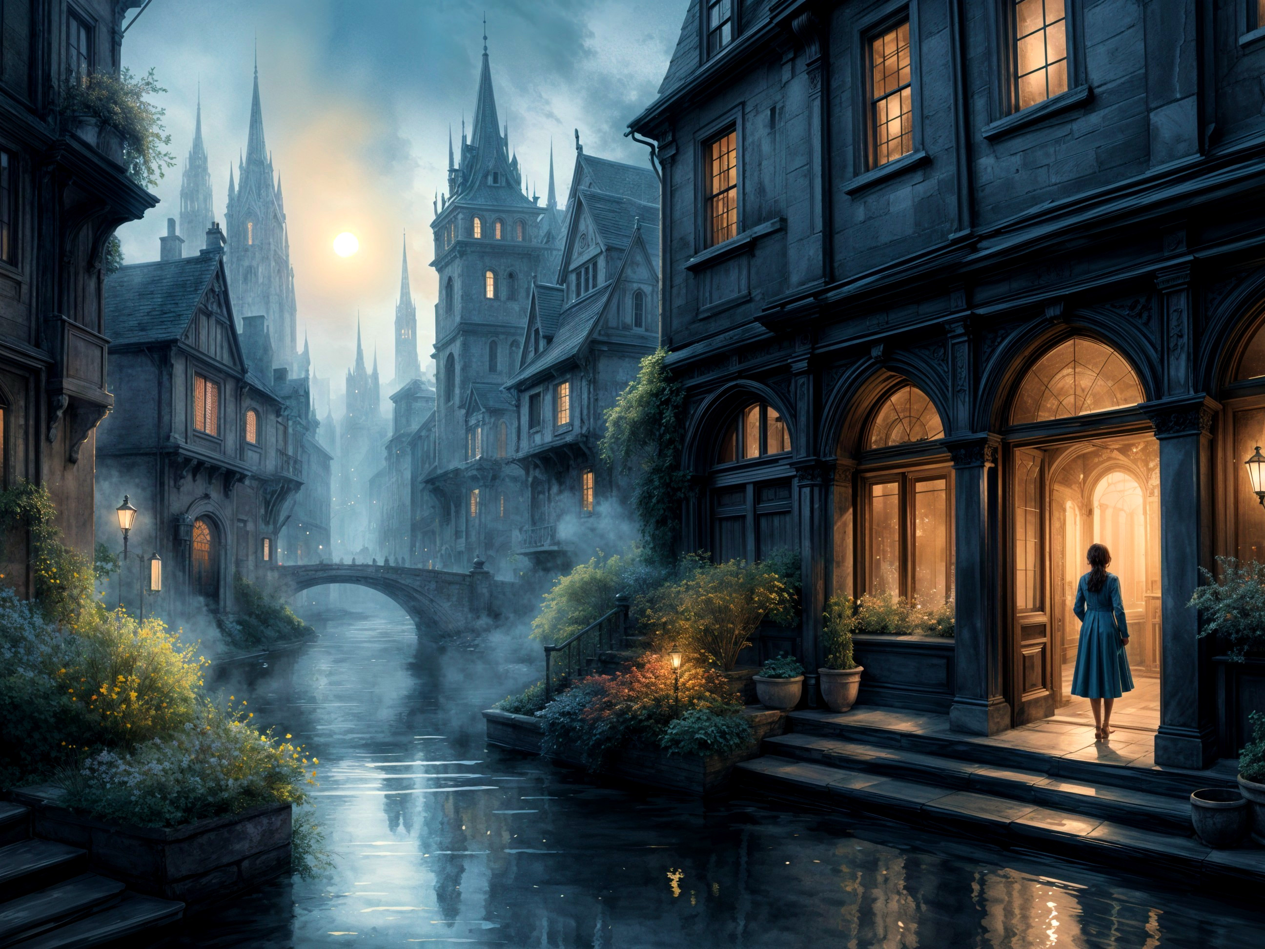 Moonlit Medieval Town with Gothic Architecture and Canal