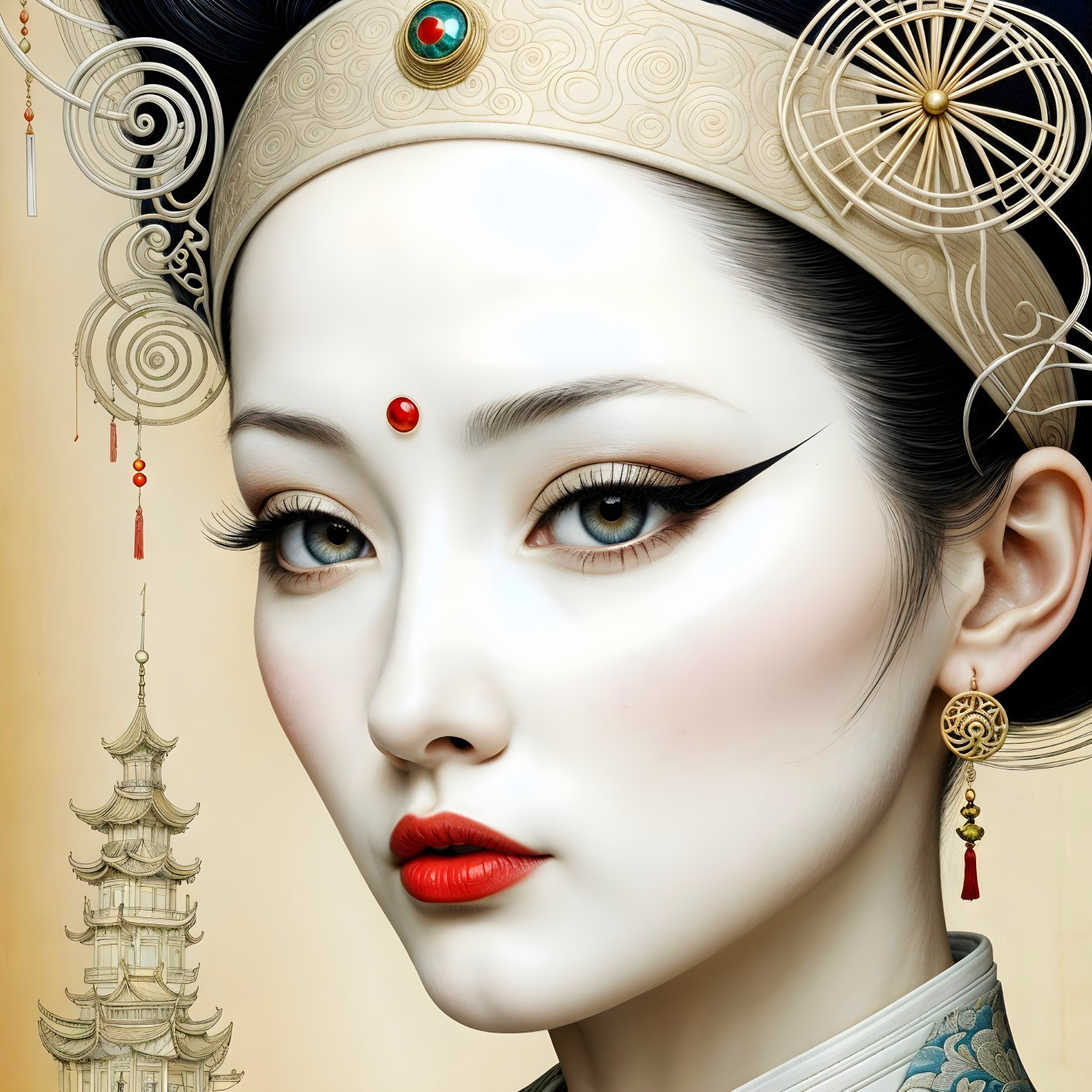 Elegant female figure in traditional attire with accessories