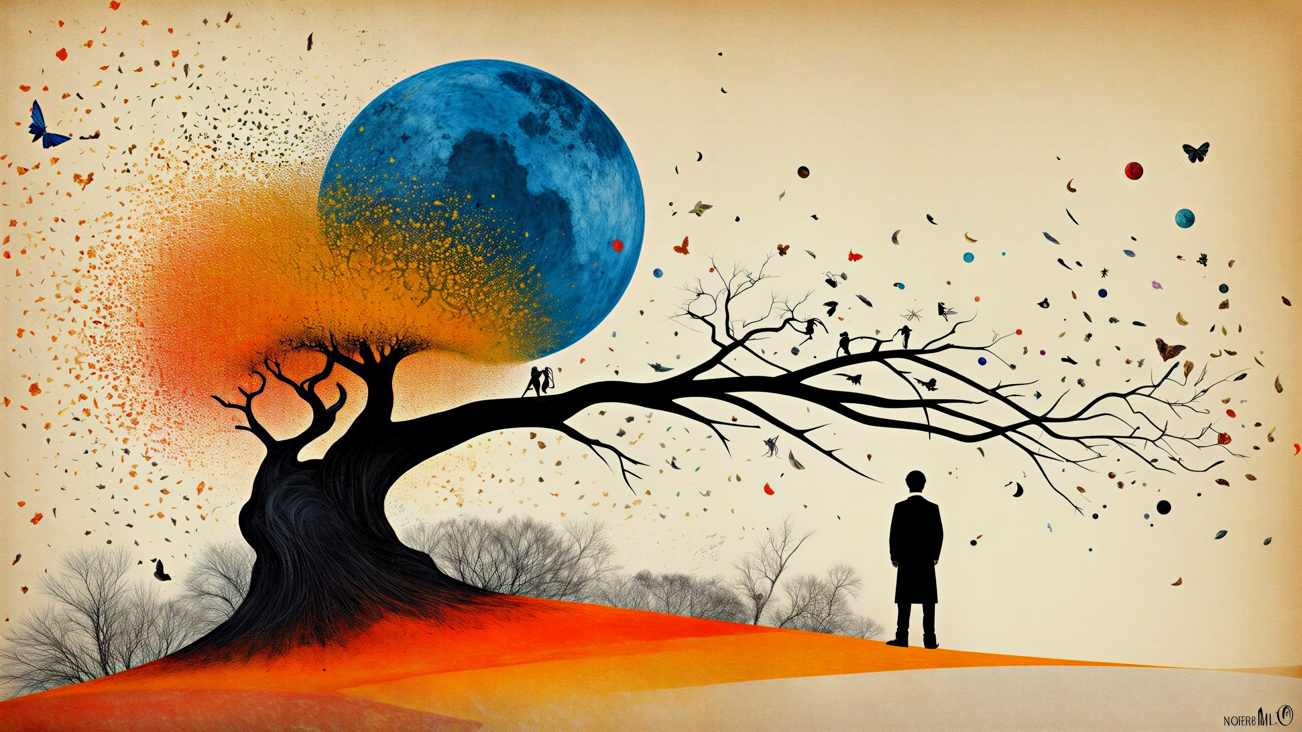 Surreal Landscape with Blue Moon and Whimsical Tree
