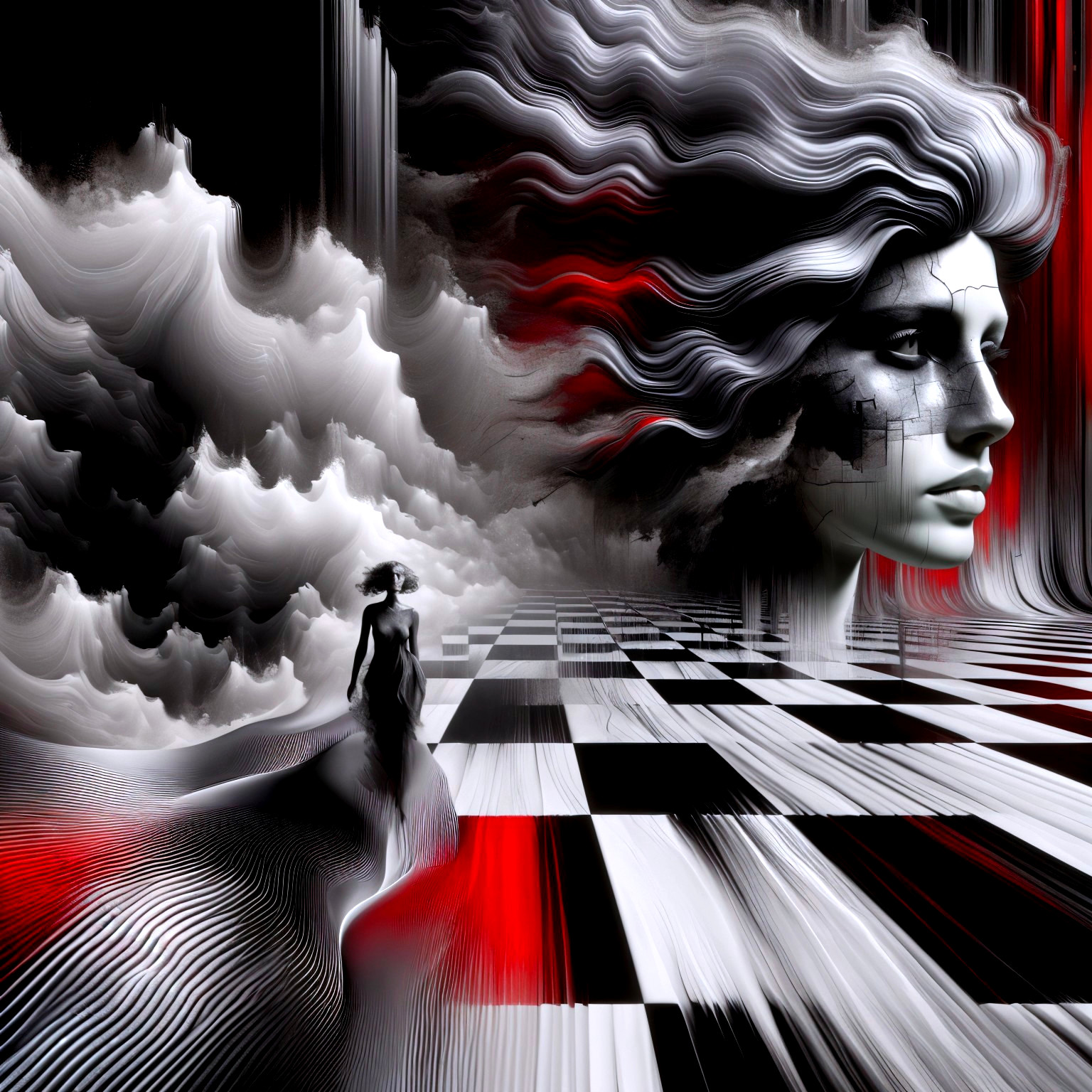 Surreal Landscape with Silhouetted Figure and Chessboard