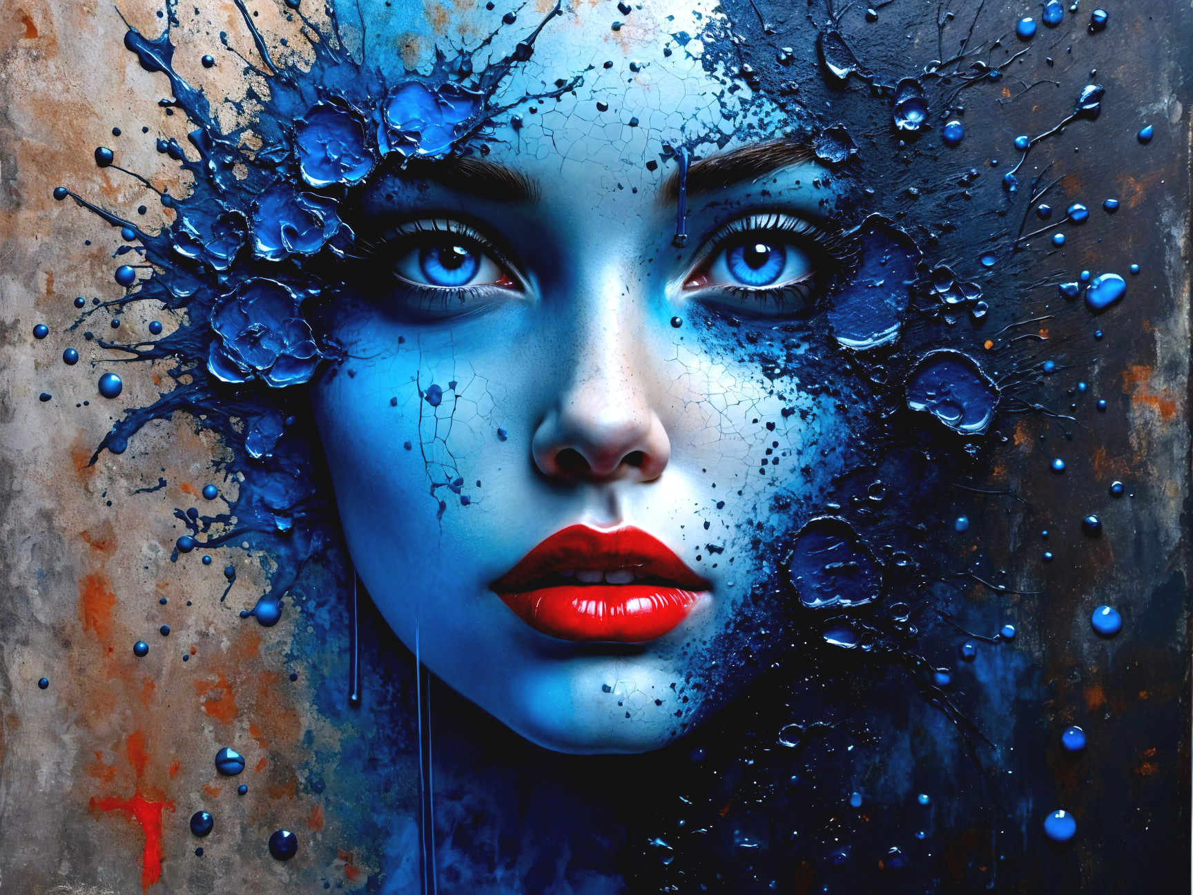 Striking Woman's Face in Blue and Metallic Tones