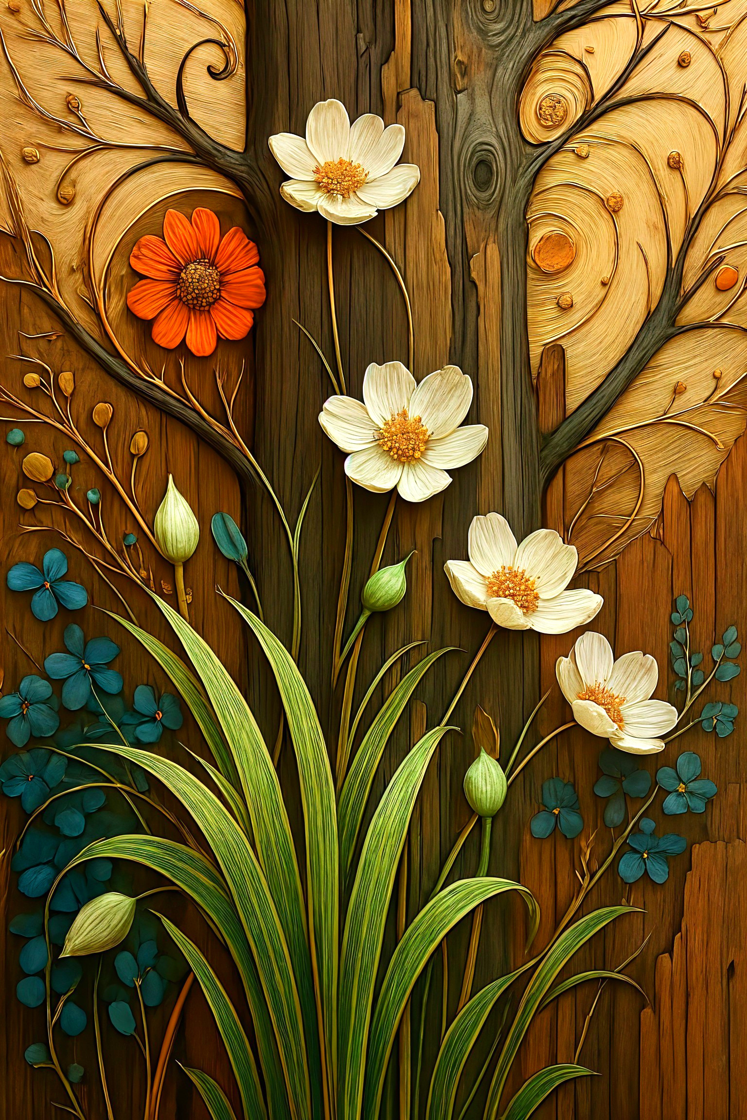 Detailed relief of a tree trunk with flowers and greenery