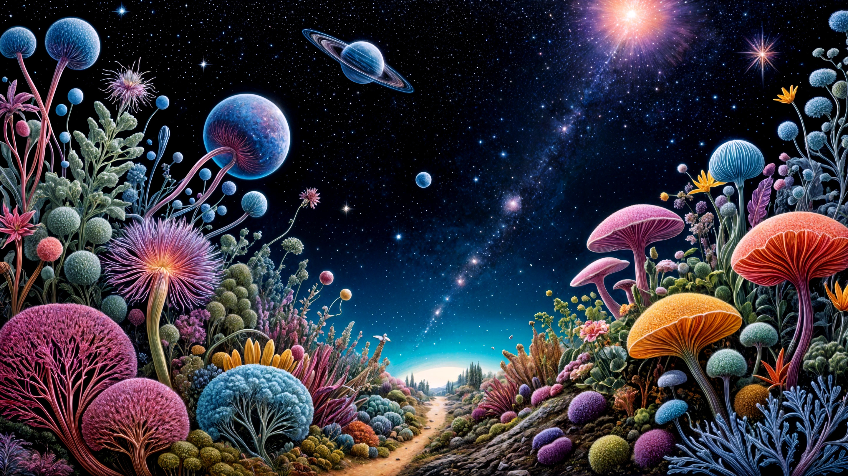 Vibrant Otherworldly Landscape Under Starry Sky