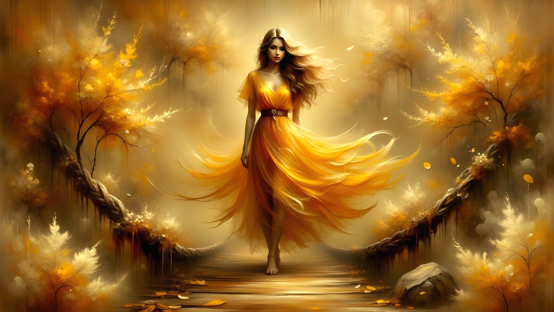 Mystical Autumn Scene with Woman in Flowing Dress