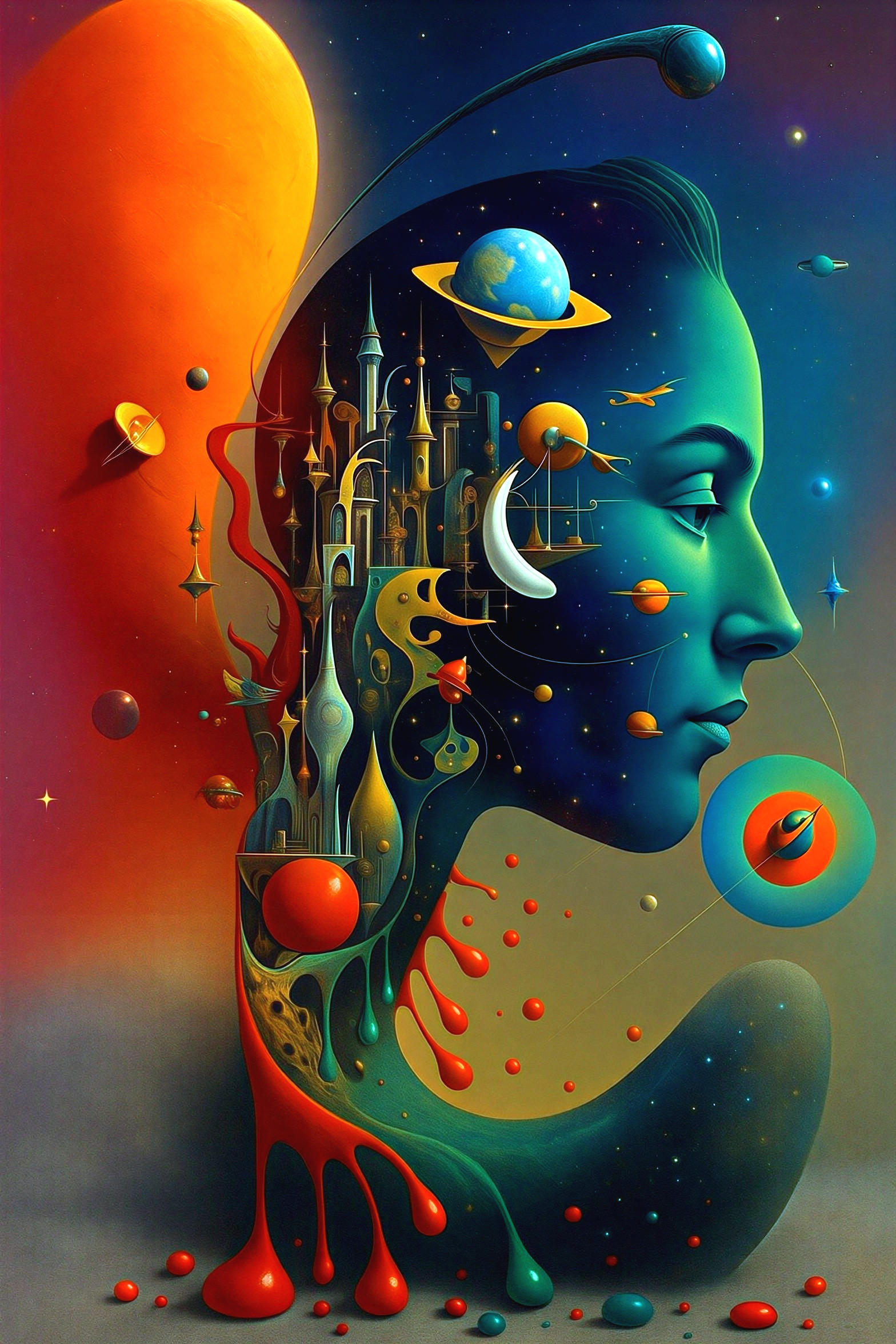 Surreal Profile Merging Humanity with Cosmic Landscape