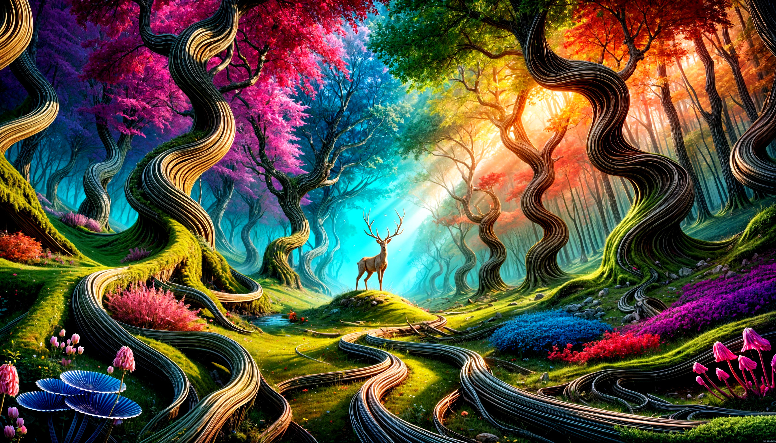 Magical forest with vibrant trees and ethereal light