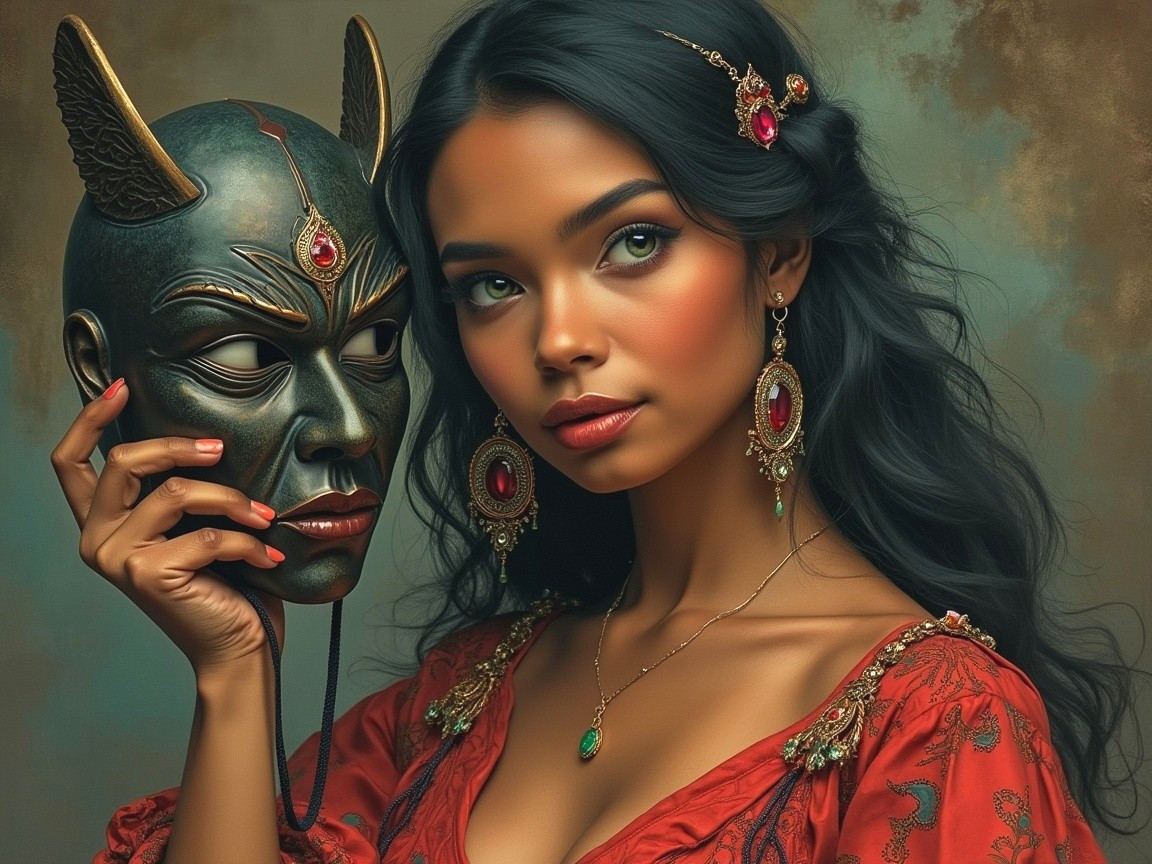 Portrait of a woman in red dress with dramatic mask