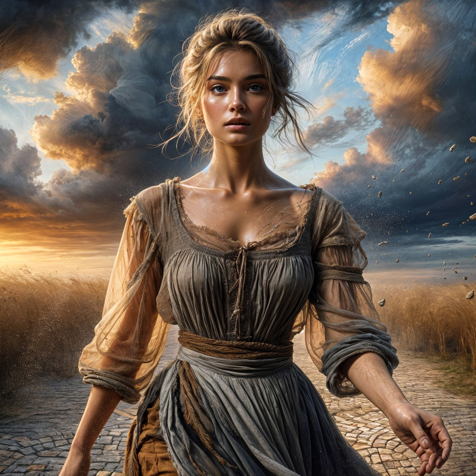 Young woman in golden light with flowing gown and clouds