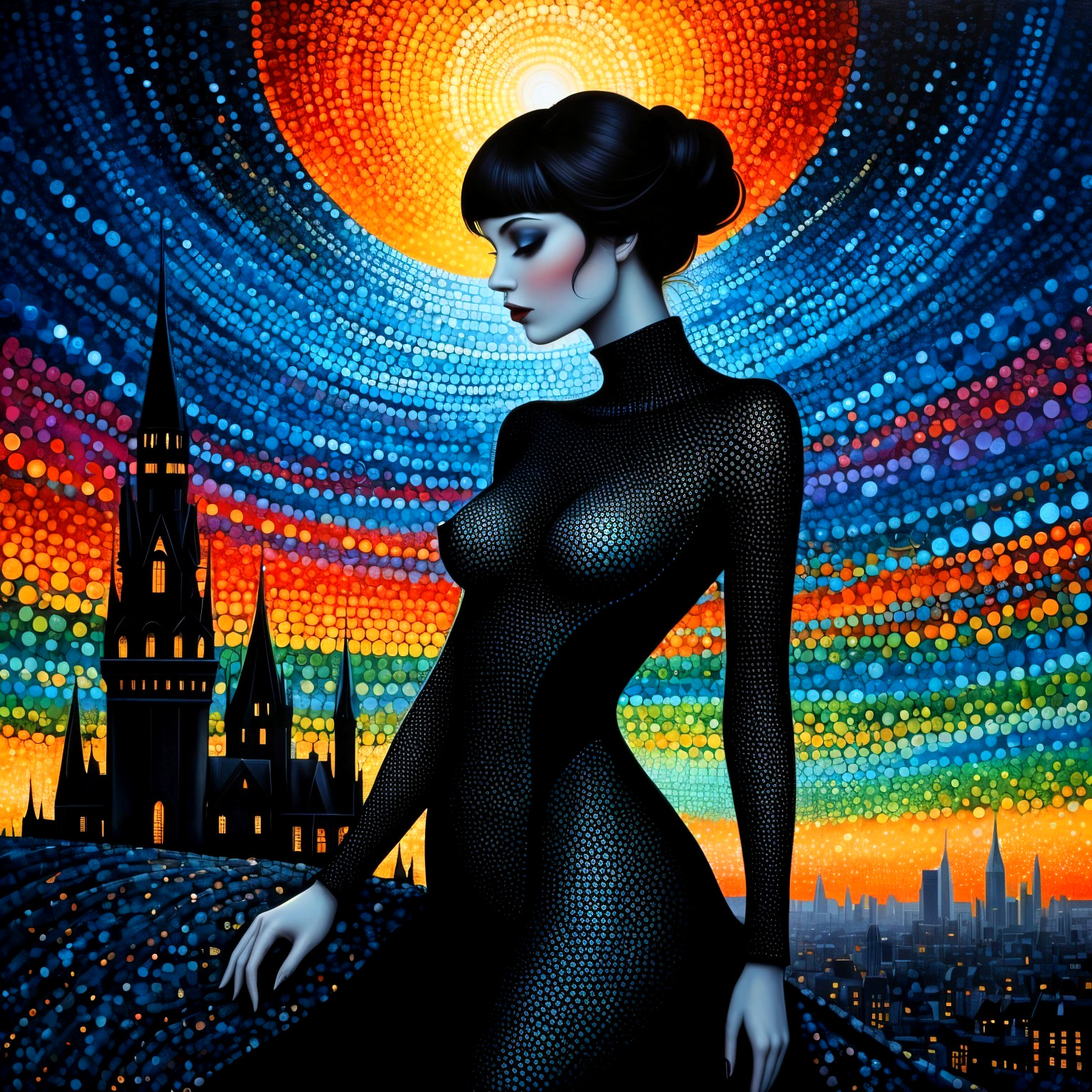 Silhouette of Woman in Black Dress with Vibrant Background