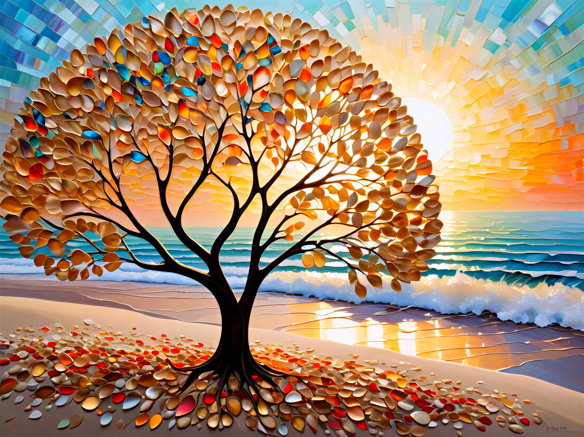 Vibrant Tree and Sunrise Over Tranquil Ocean Scene