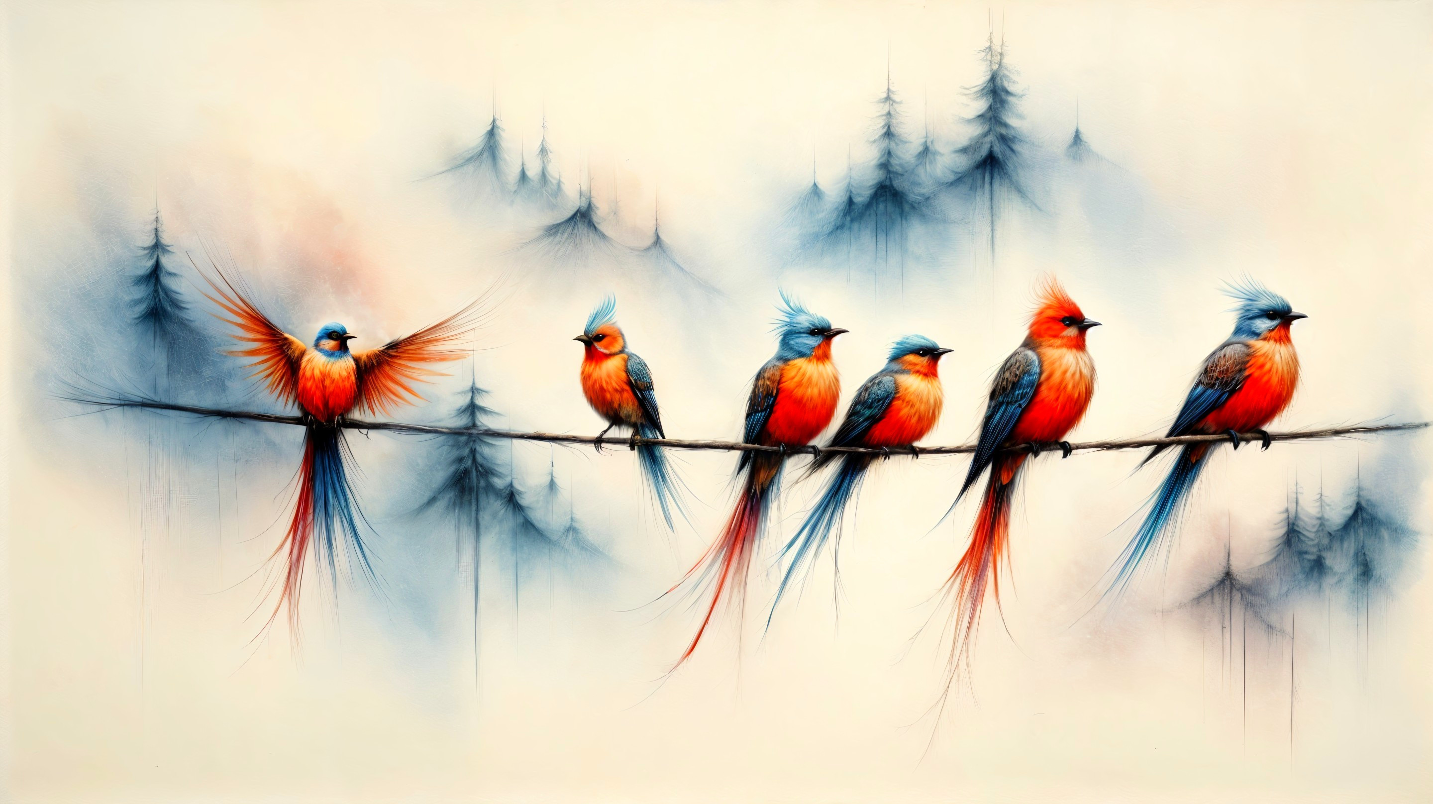 Colorful Birds Perched on a Branch in Serene Setting