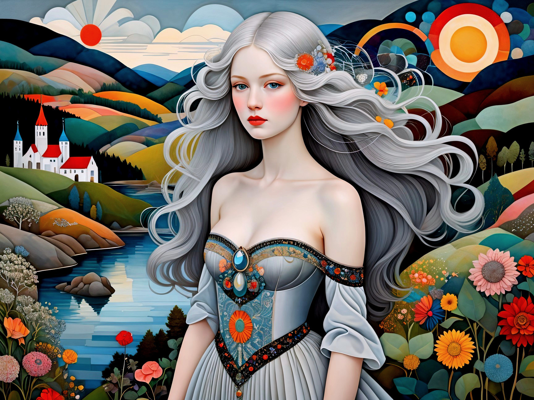 Ethereal Woman in Vibrant Landscape with Sunrise