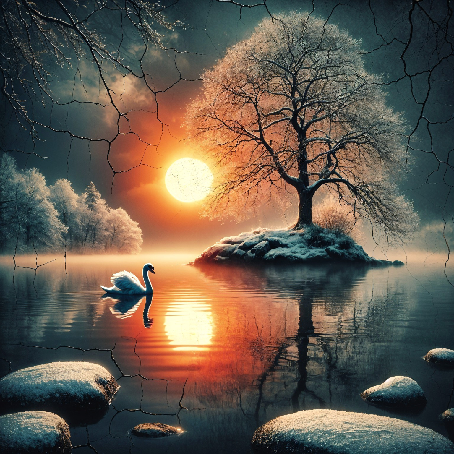 Tranquil Winter Sunset with Swan on Mirror Lake