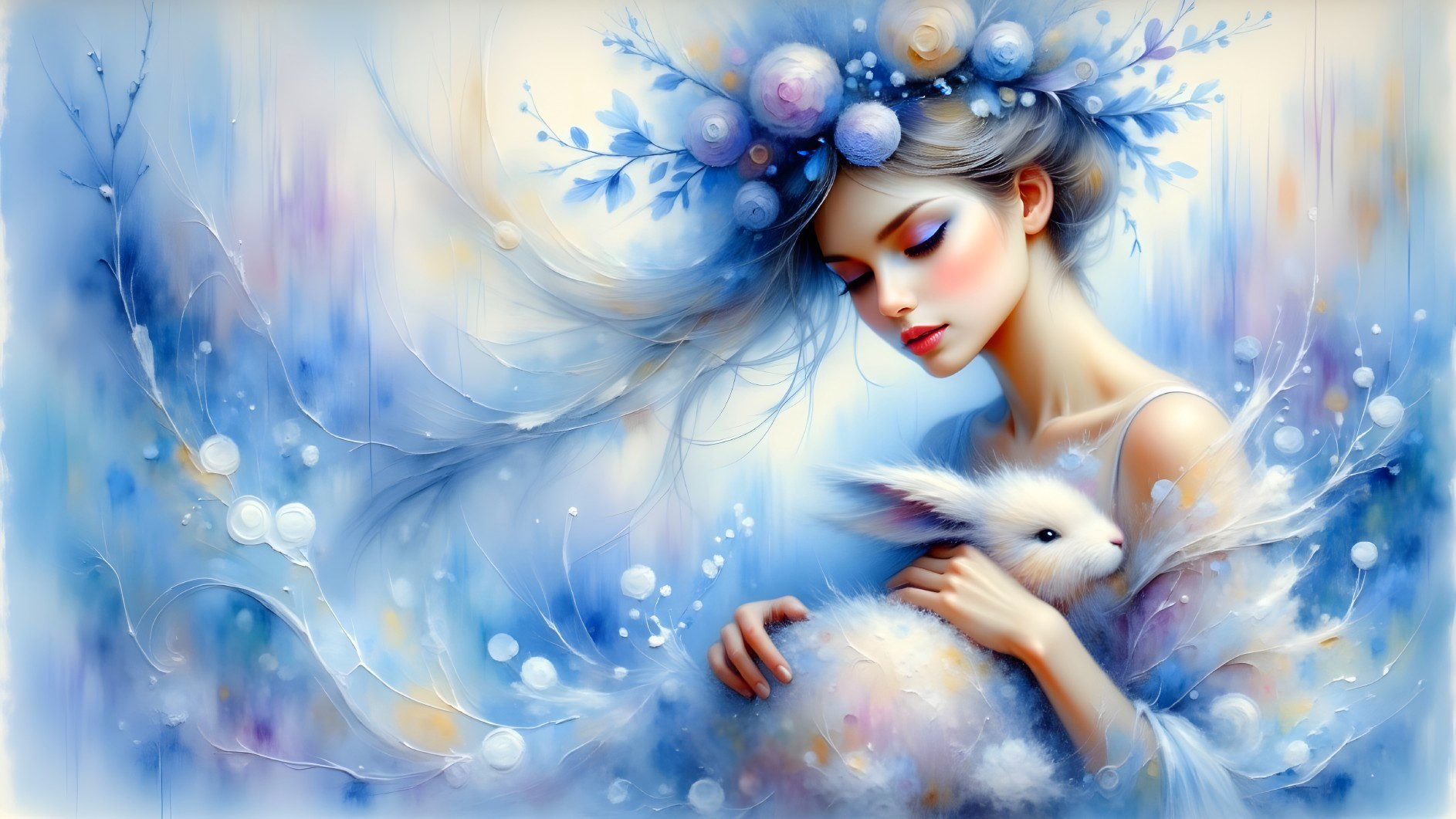Ethereal Woman with Rabbit in Dreamy Pastel Scene