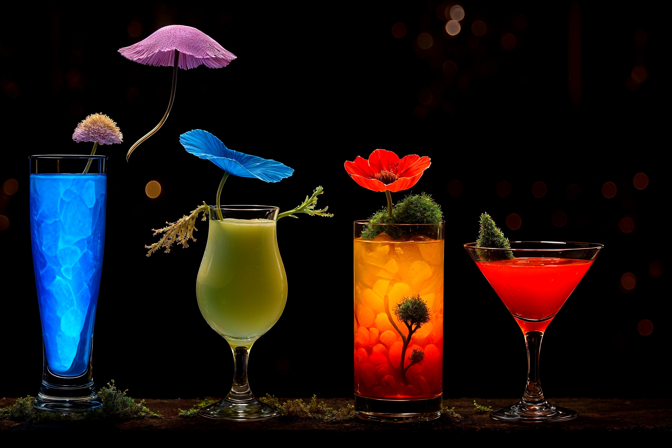 Colorful Cocktails with Unique Garnishes Displayed