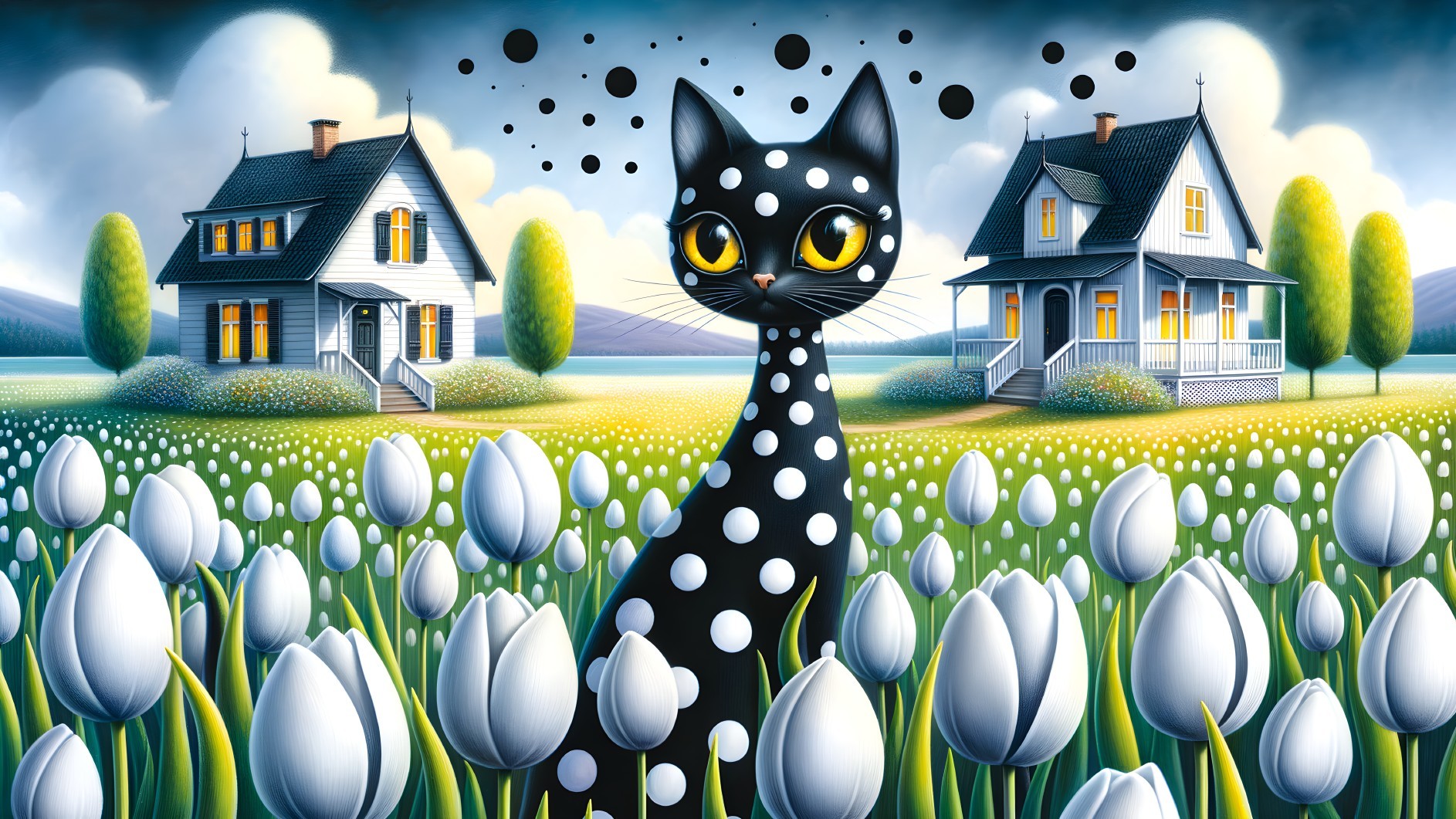 Whimsical Scene of Cat in Tulip Field with Houses