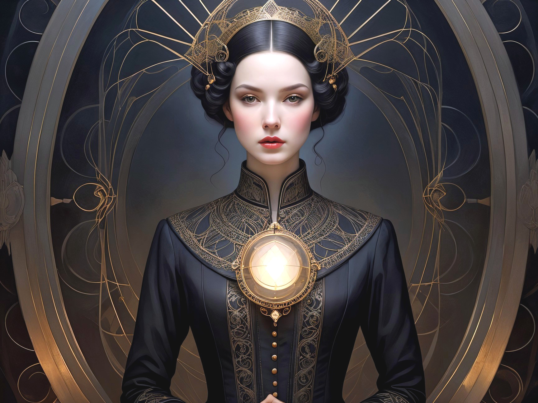 Elegant Woman in Black Gown with Gold Filigree