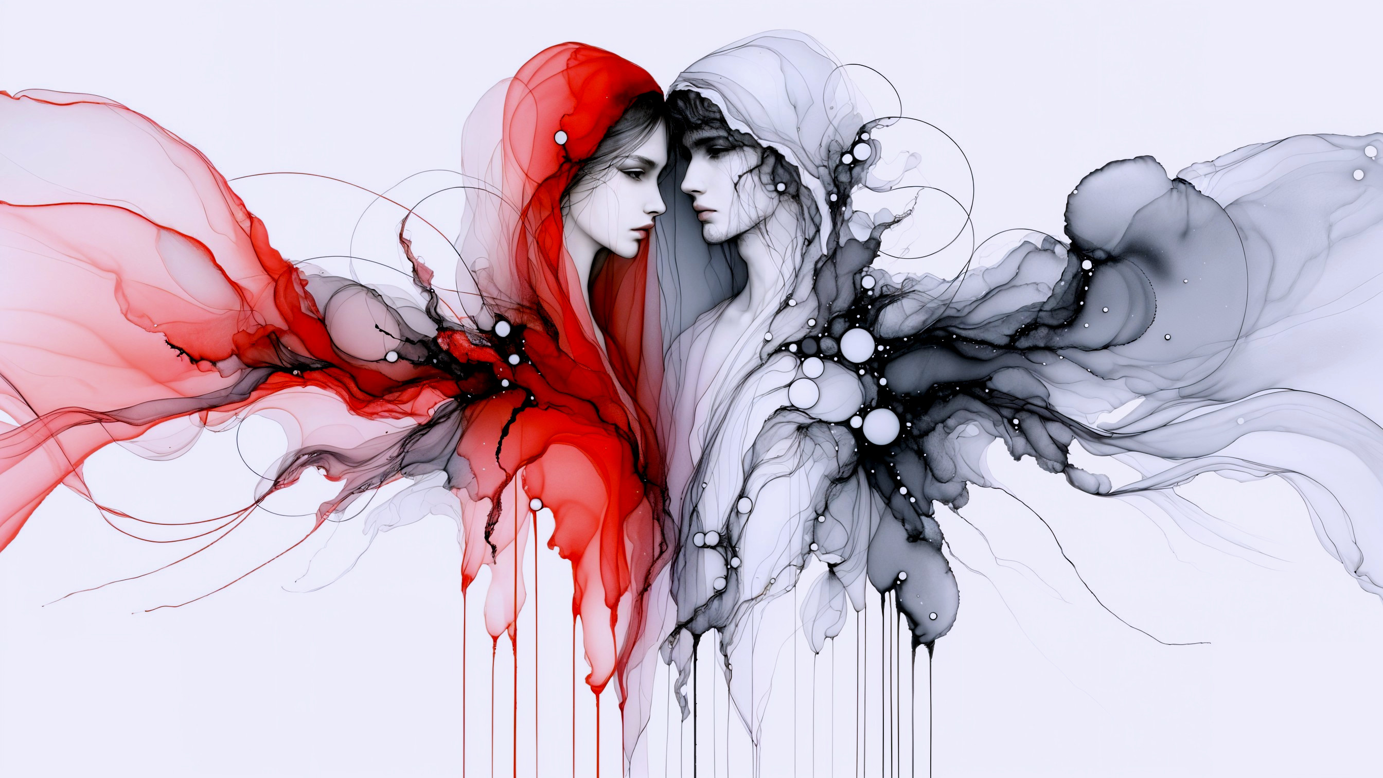 Ethereal Figures in Red and Gray with Colorful Patterns