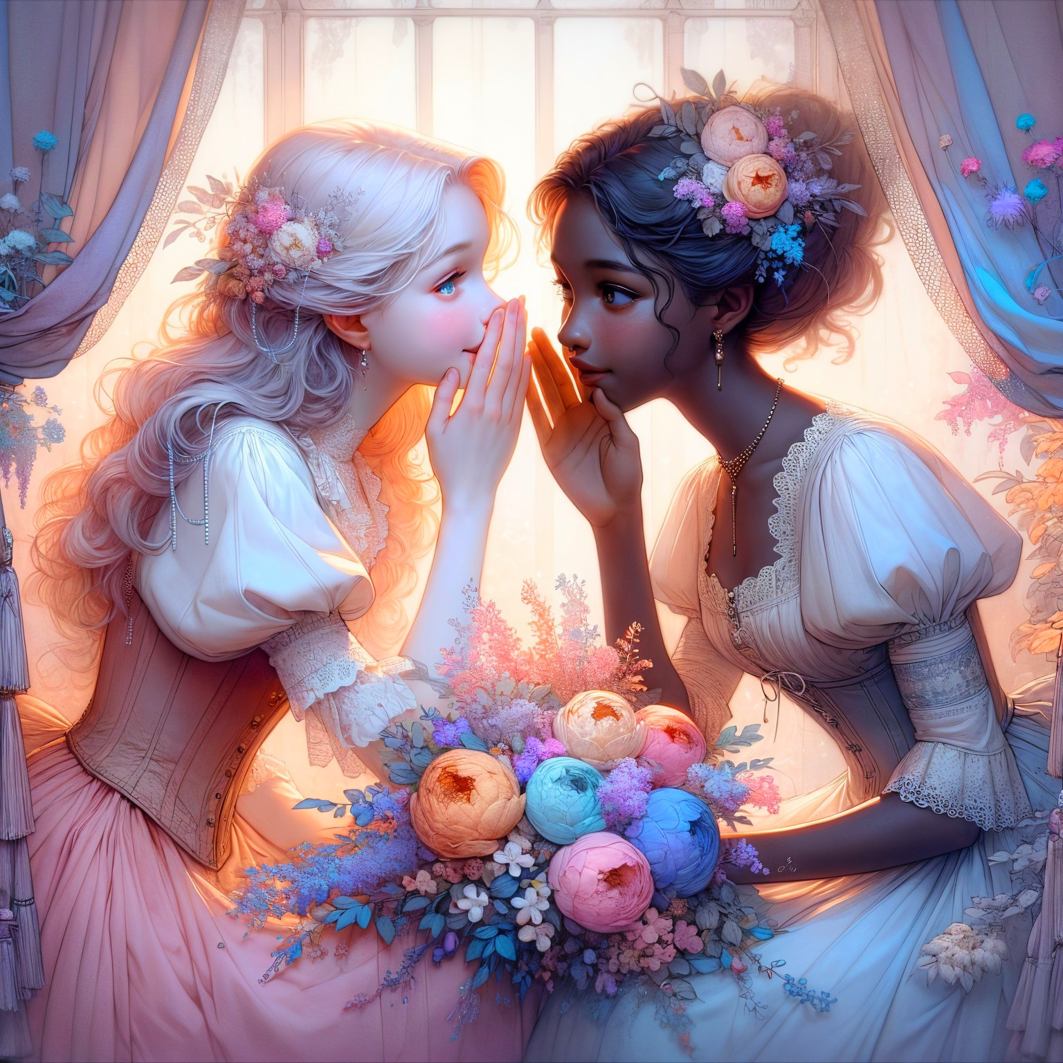 Intimate scene of two women sharing a secret with flowers
