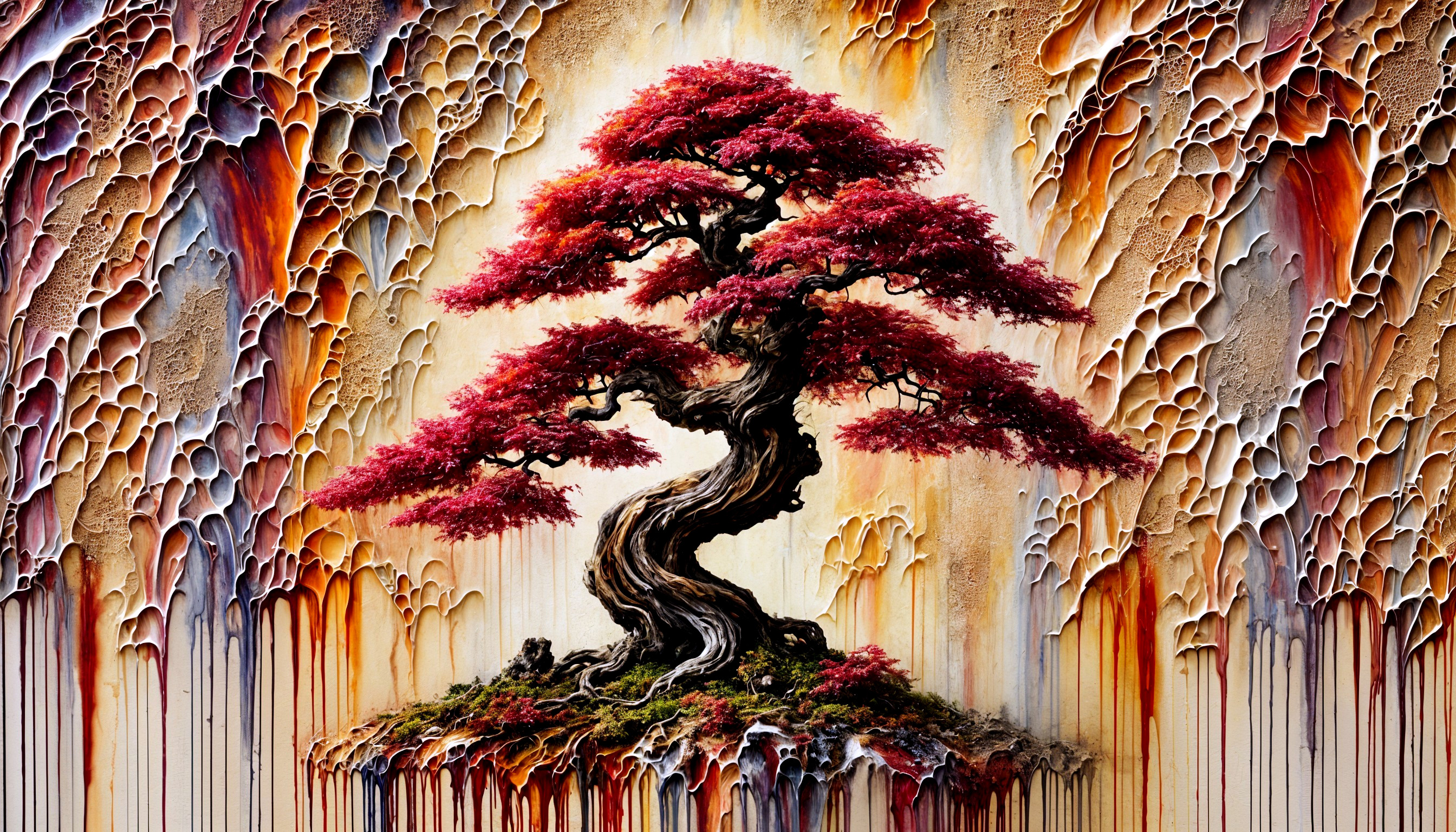 Majestic bonsai tree with vibrant red foliage and texture