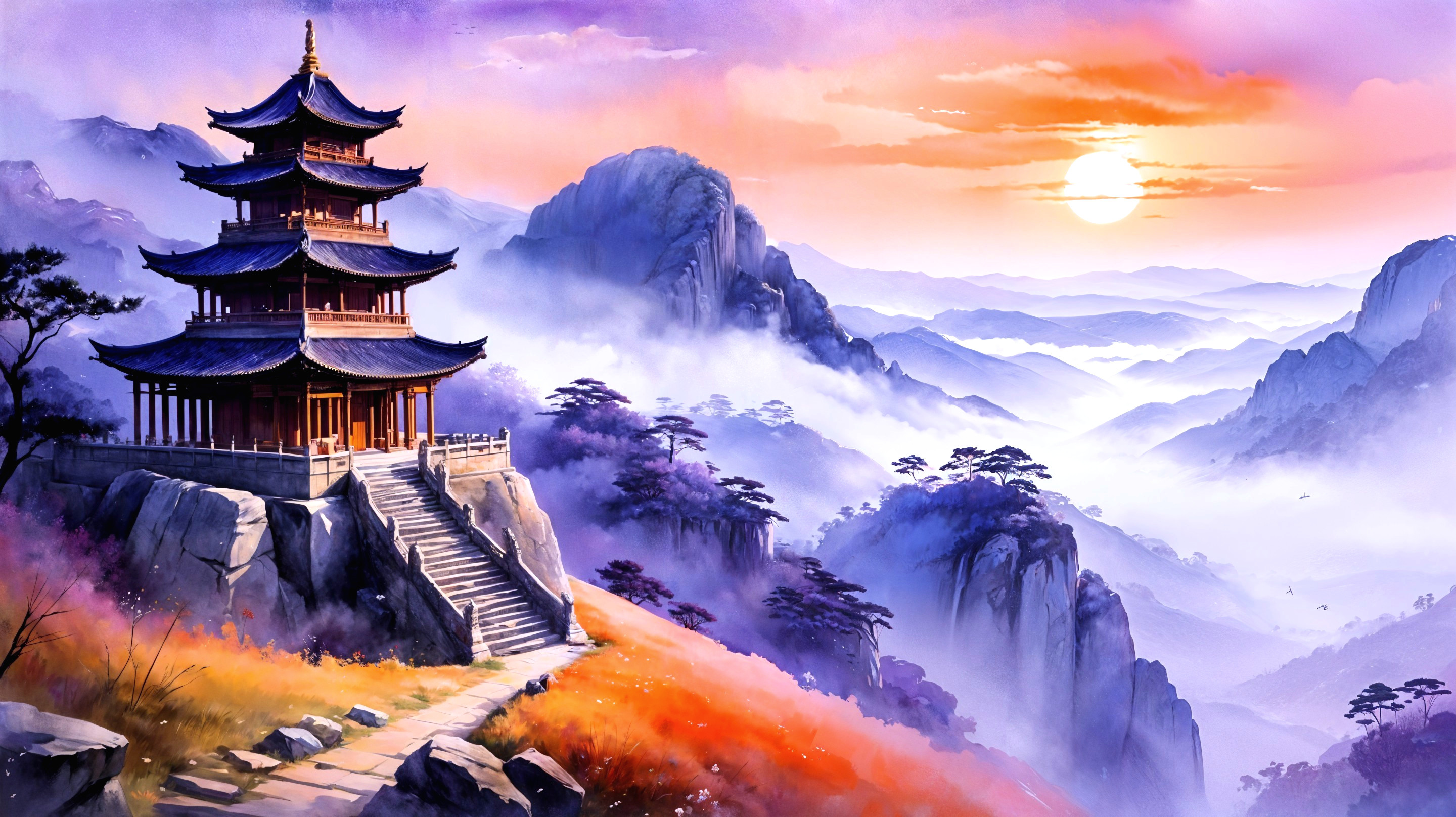 Traditional Pagoda in Serene Mountain Landscape