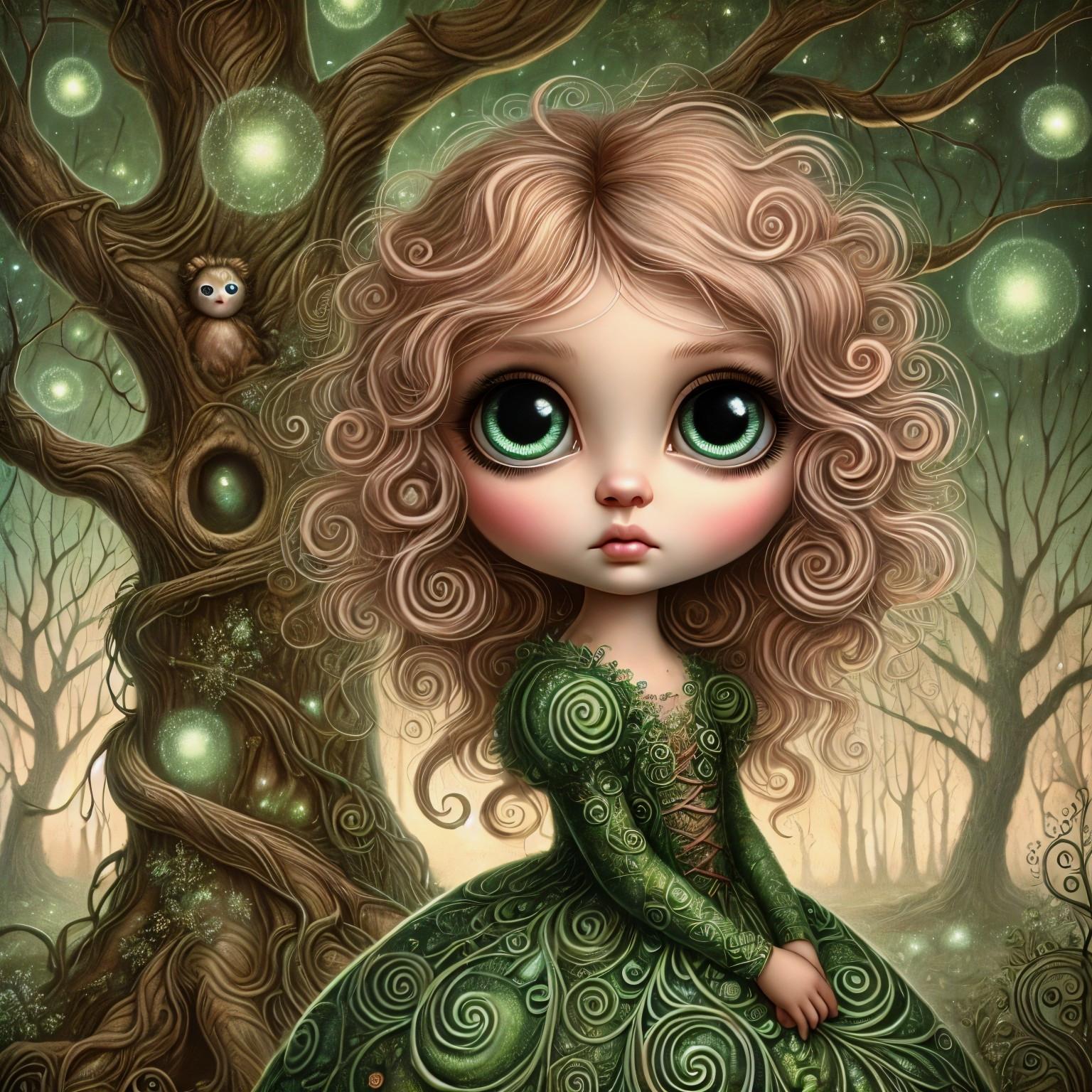 Whimsical Forest Scene with a Thoughtful Girl