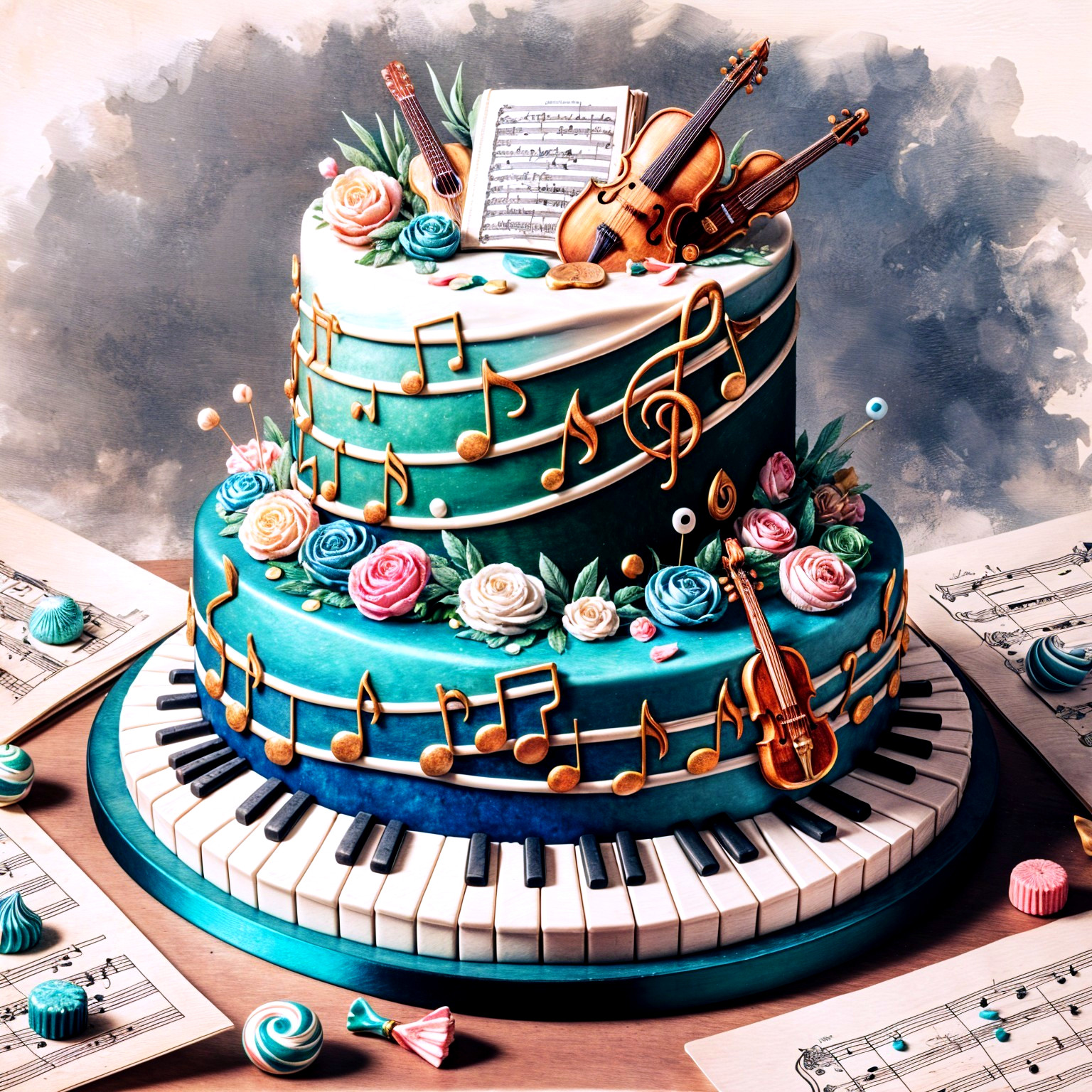 Two-Tier Cake with Teal, White, and Musical Themes