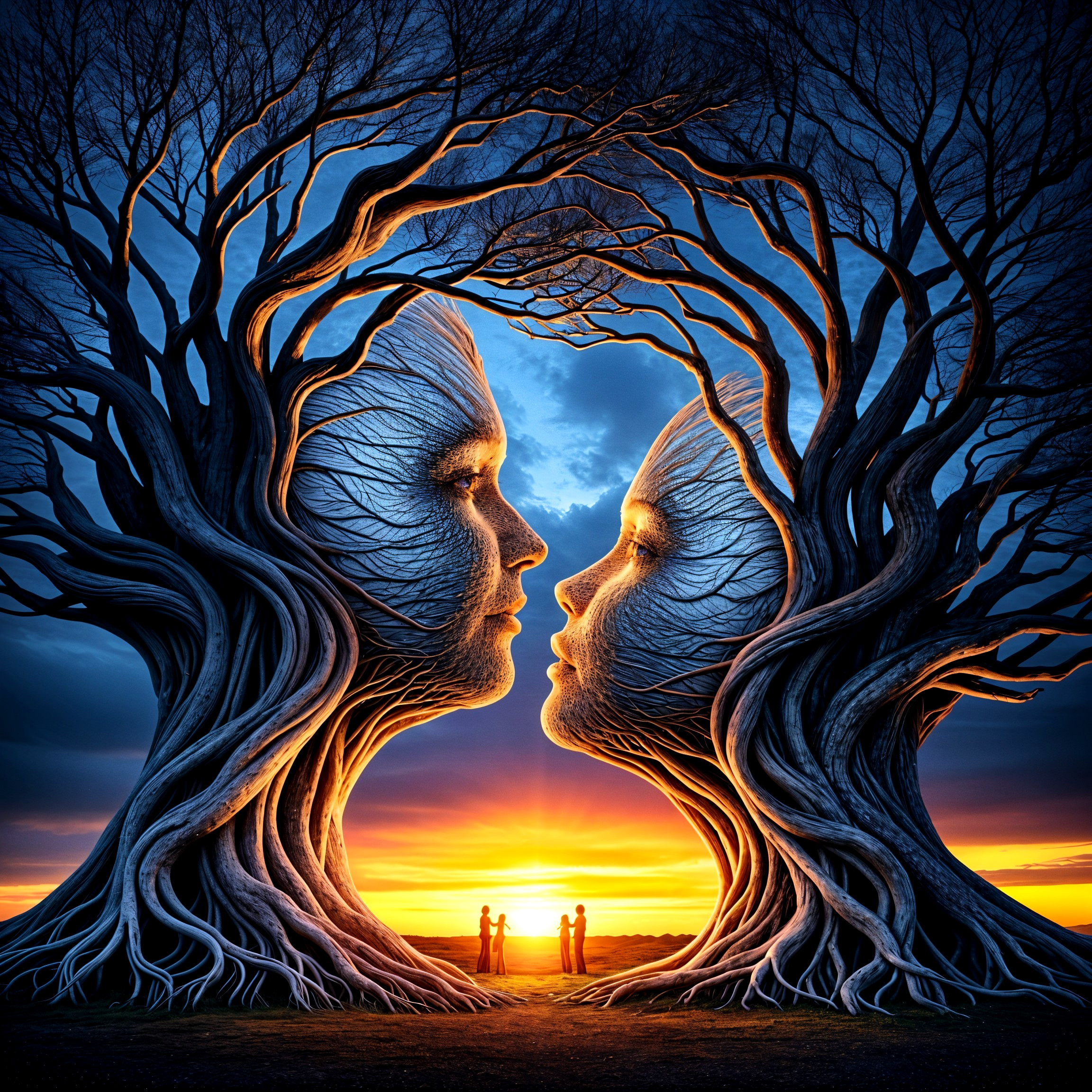 Colossal Tree Faces in a Surreal Sunset Landscape