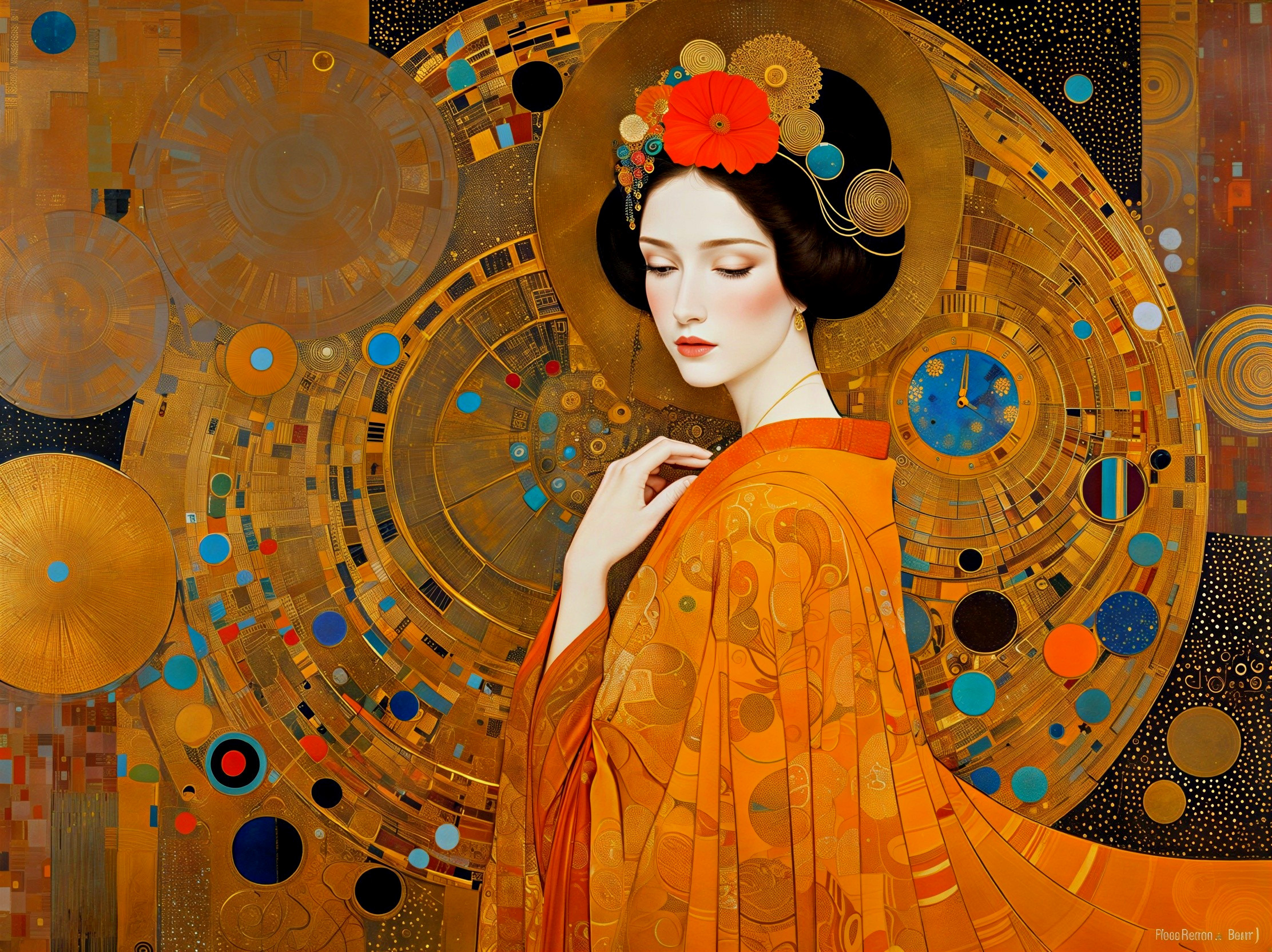 Portrait of a Woman in Orange Kimono with Floral Hairpiece