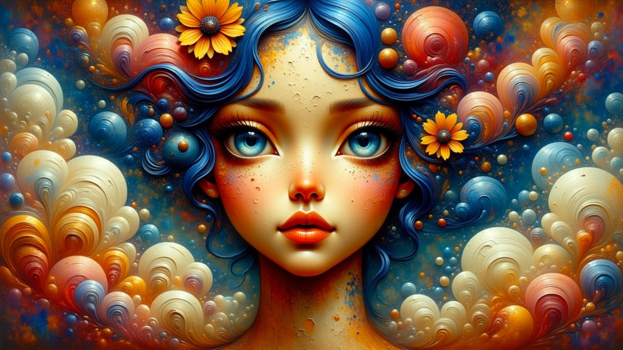 Whimsical Portrait of Girl with Blue Hair and Flowers