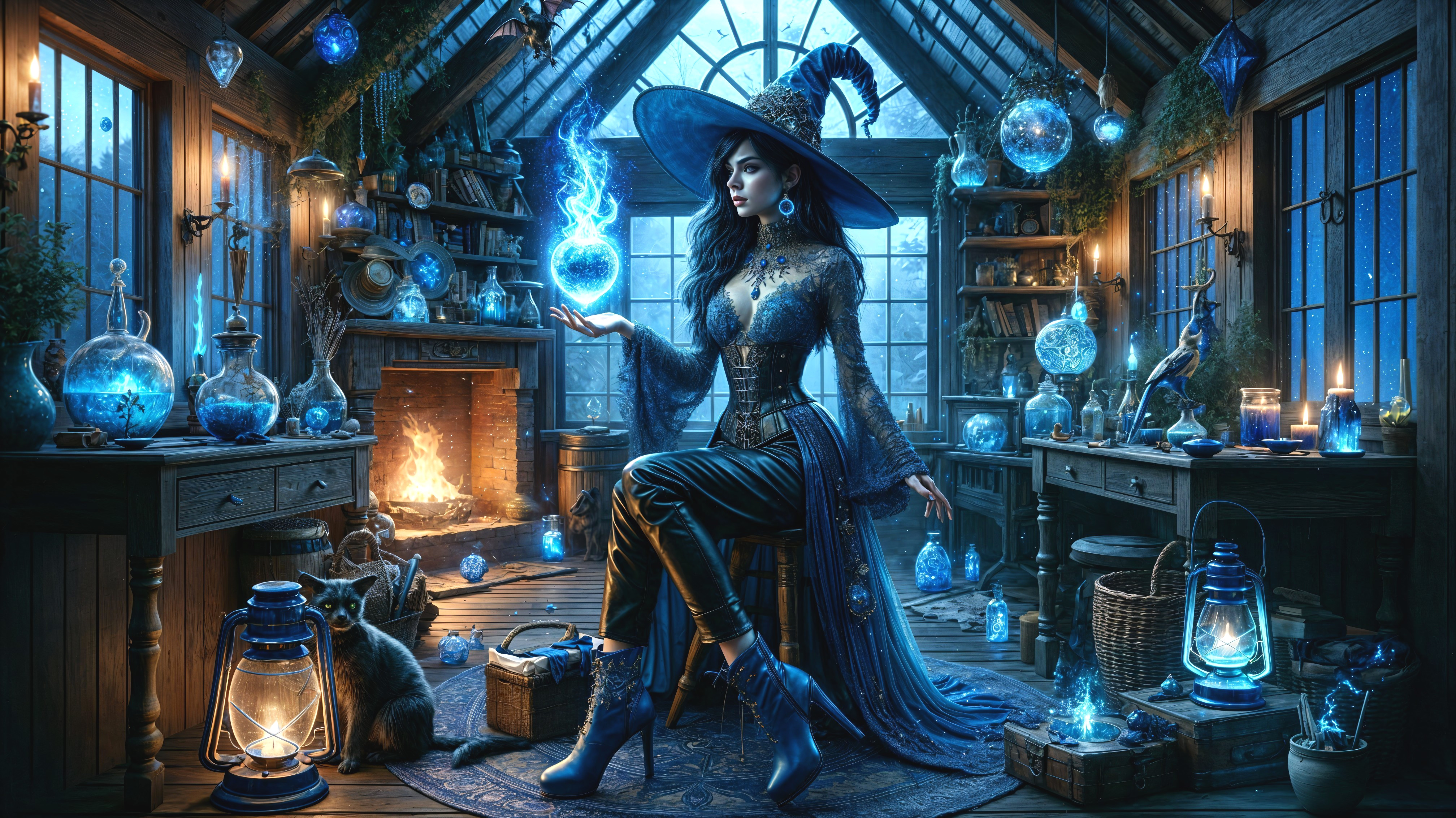 Mystical Potion Shop with Sorceress and Magical Artifacts