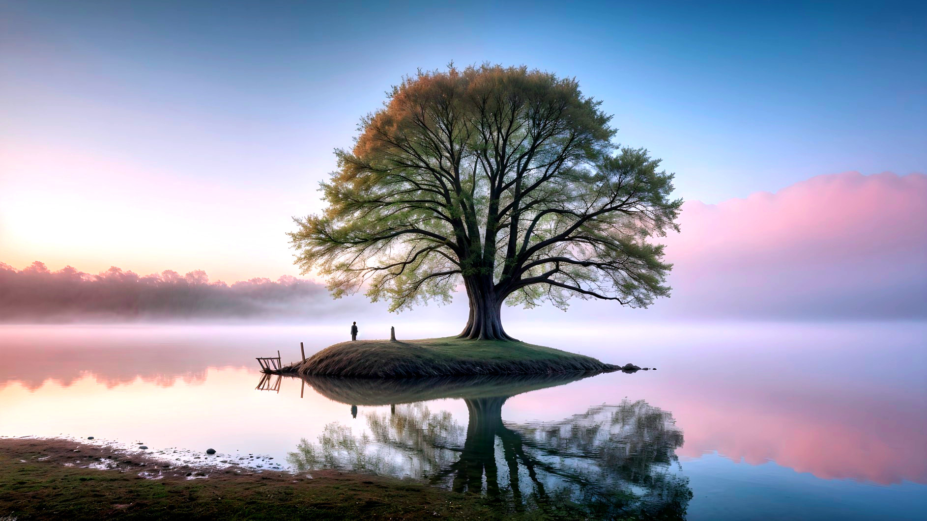 Solitary Tree on Island with Calm Lake Reflection