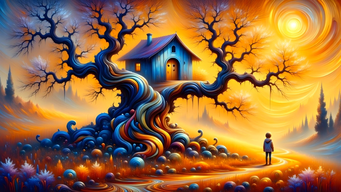 Surreal Landscape with Whimsical Tree and Cozy House