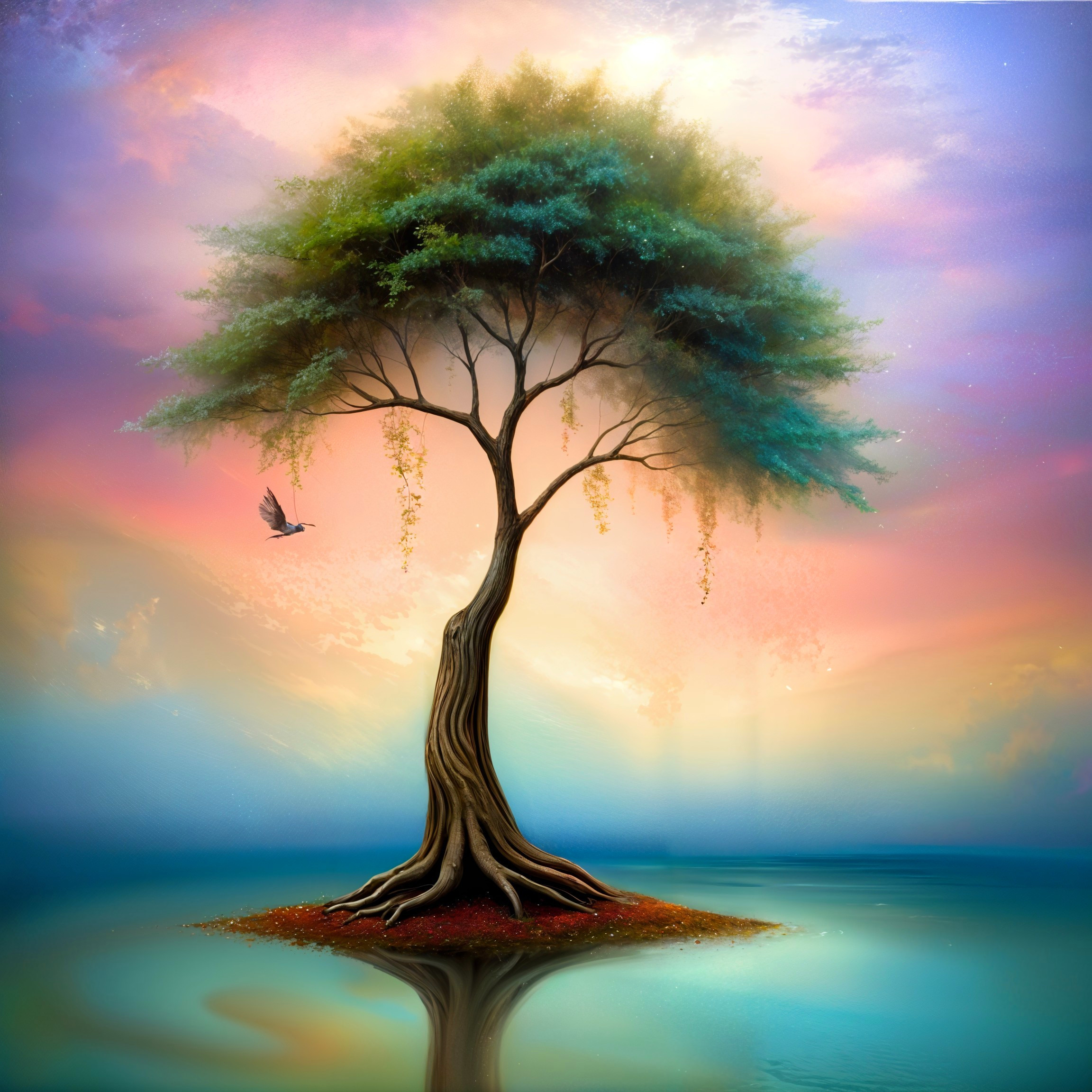 Solitary Tree on Island with Reflective Waters