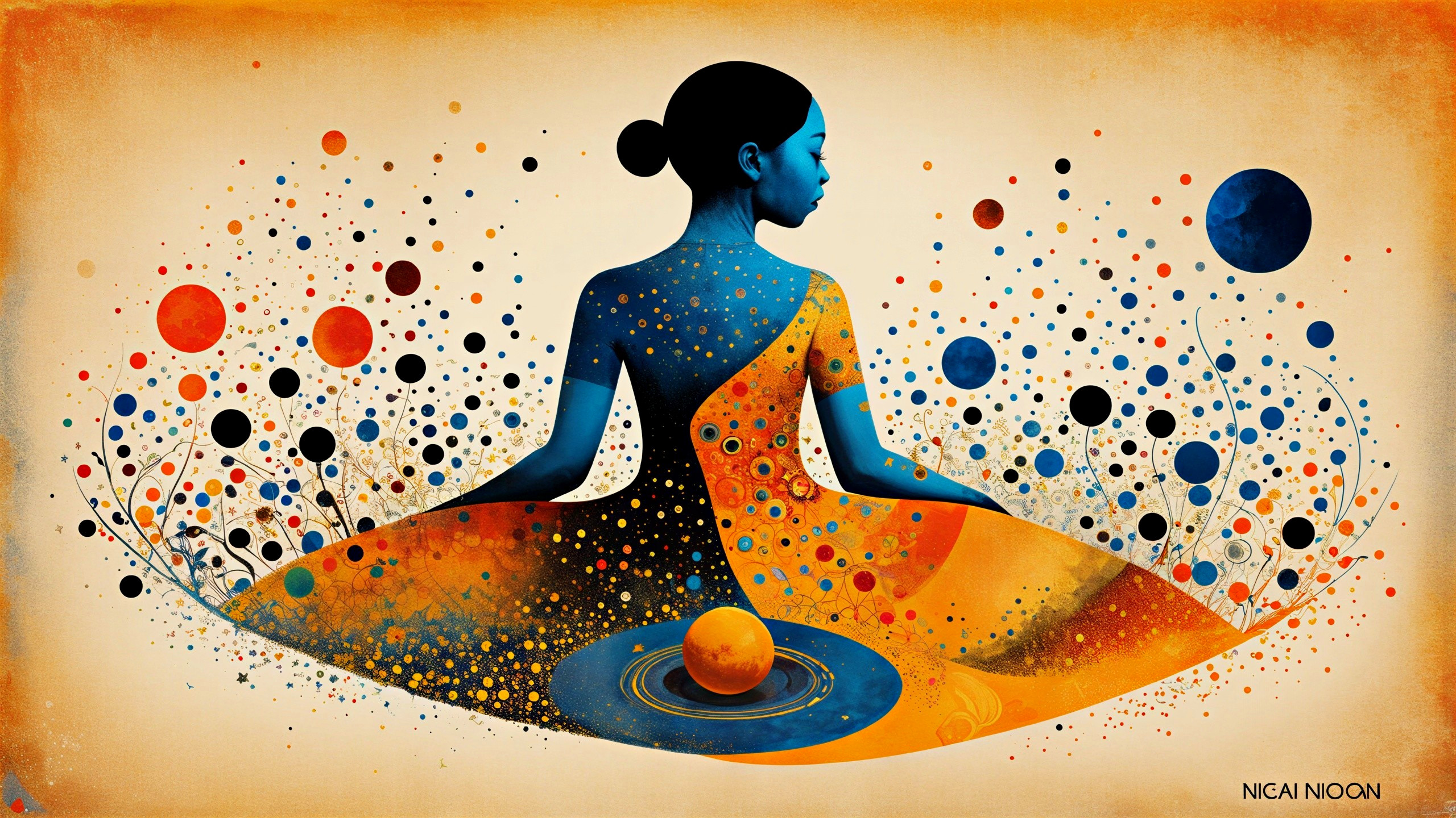 Serene Figure in Cosmic Orange and Blue Hues